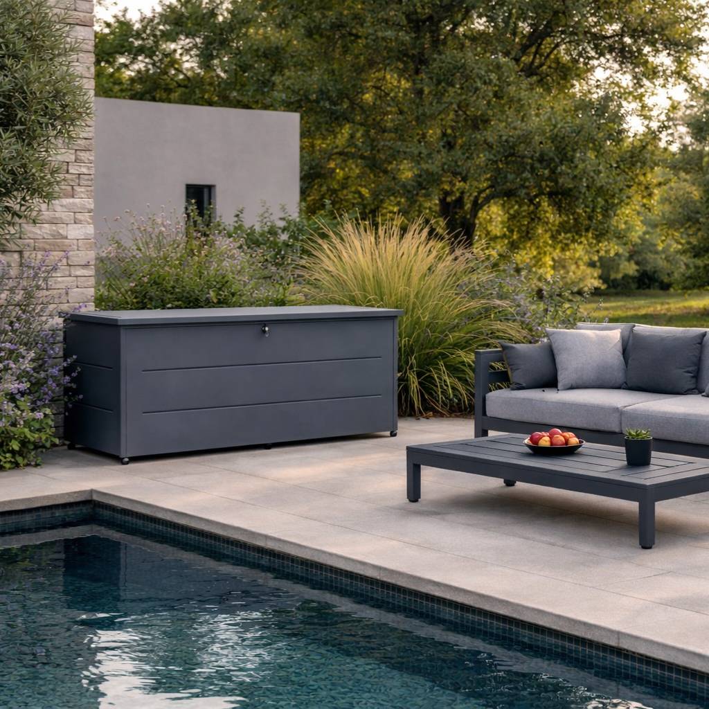 Couleurs du monde - Grand coffre extérieur 800L gris – rangement métal robuste pour un jardin organisé - Image 1