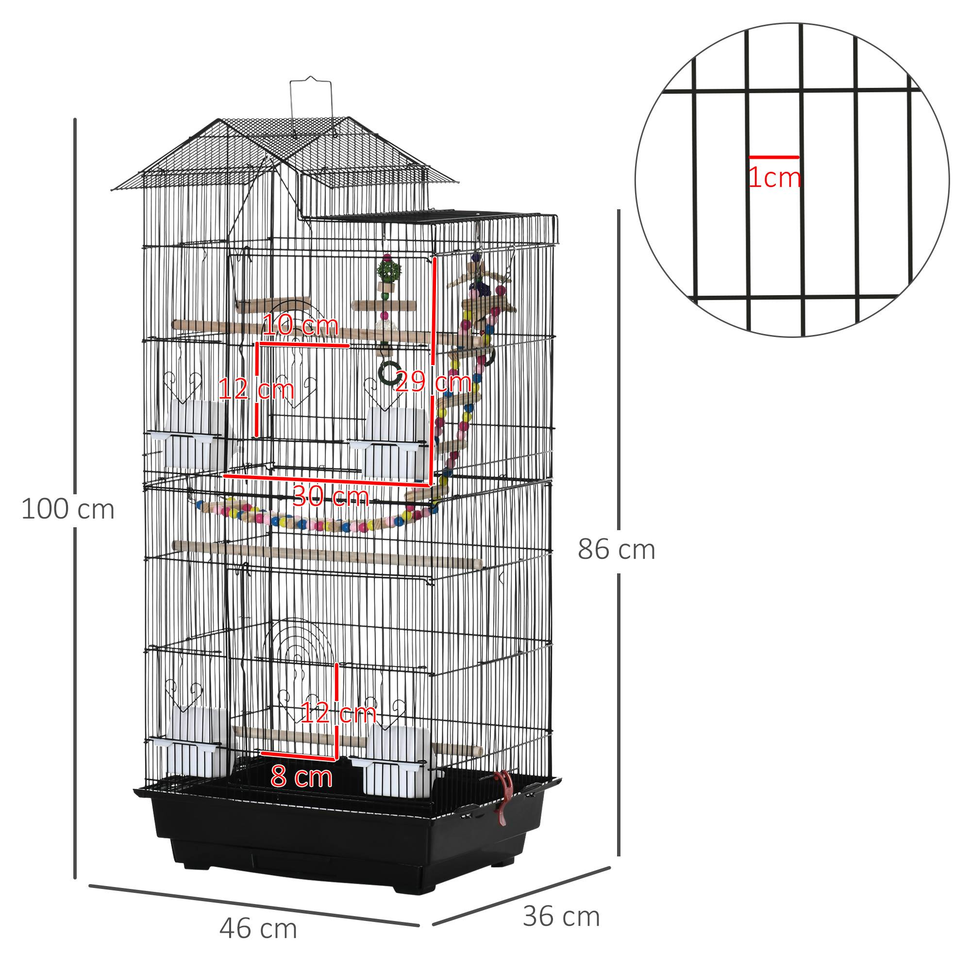 Pawhut - Cage oiseaux volière dim. 46L x 36l x 100H cm - mangeoires, perchoirs, balançoire, portes, trappes, échelle, jouets, plateau déjection - PP acier noir - Imagen 3
