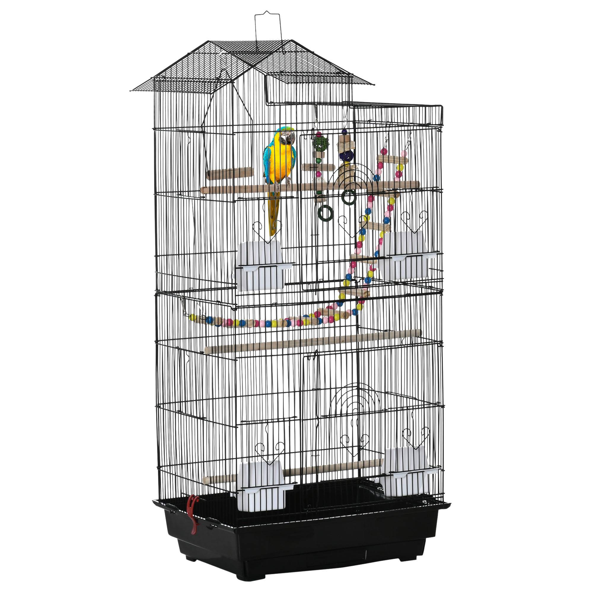 Pawhut - Cage oiseaux volière dim. 46L x 36l x 100H cm - mangeoires, perchoirs, balançoire, portes, trappes, échelle, jouets, plateau déjection - PP acier noir - Imagen 1