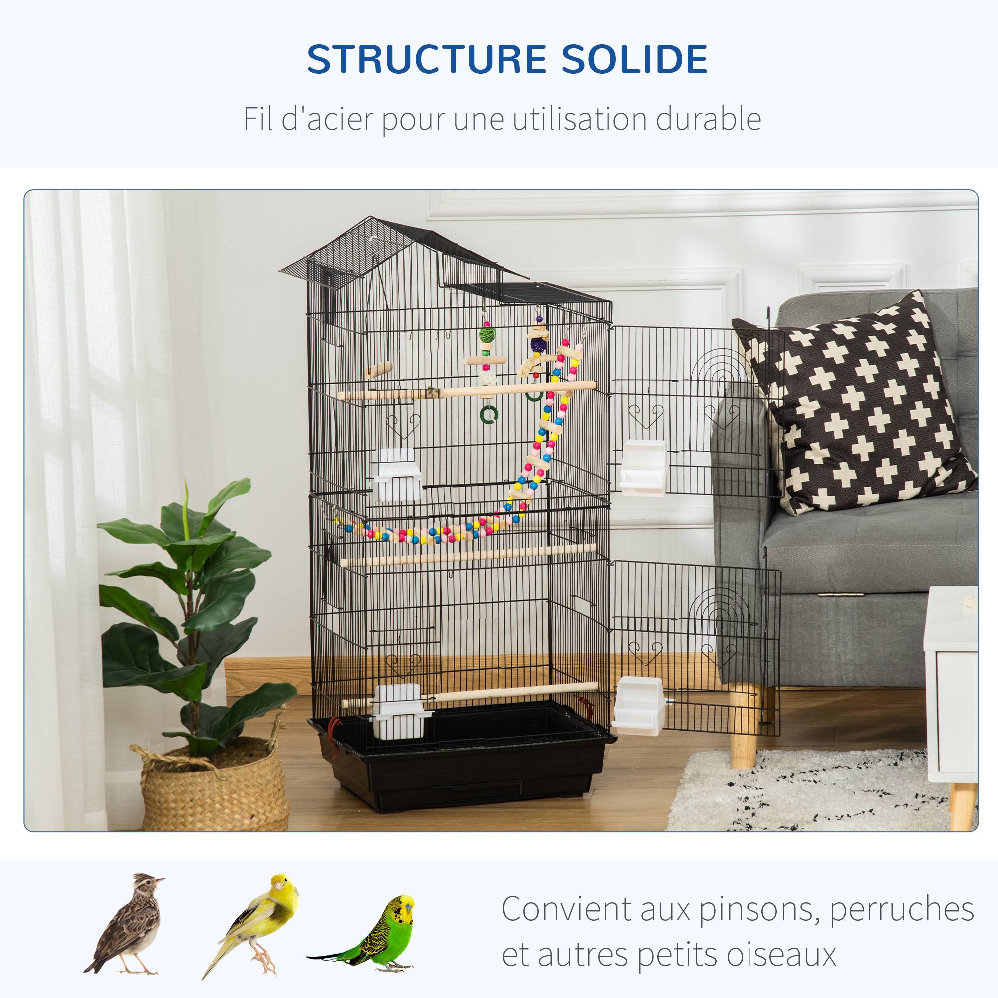 Pawhut - Cage oiseaux volière dim. 46L x 36l x 100H cm - mangeoires, perchoirs, balançoire, portes, trappes, échelle, jouets, plateau déjection - PP acier noir - Imagen 6