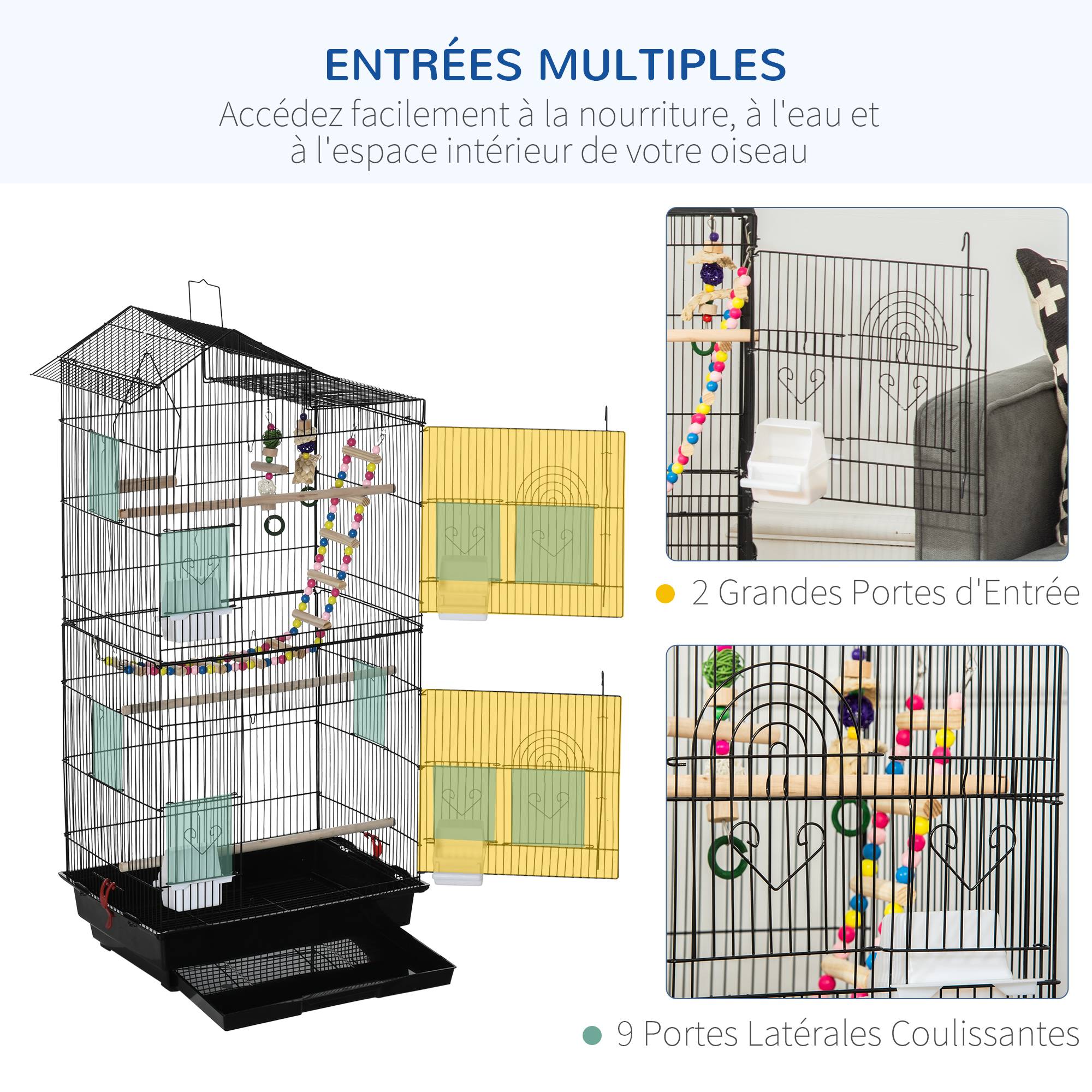 Pawhut - Cage oiseaux volière dim. 46L x 36l x 100H cm - mangeoires, perchoirs, balançoire, portes, trappes, échelle, jouets, plateau déjection - PP acier noir - Imagen 7