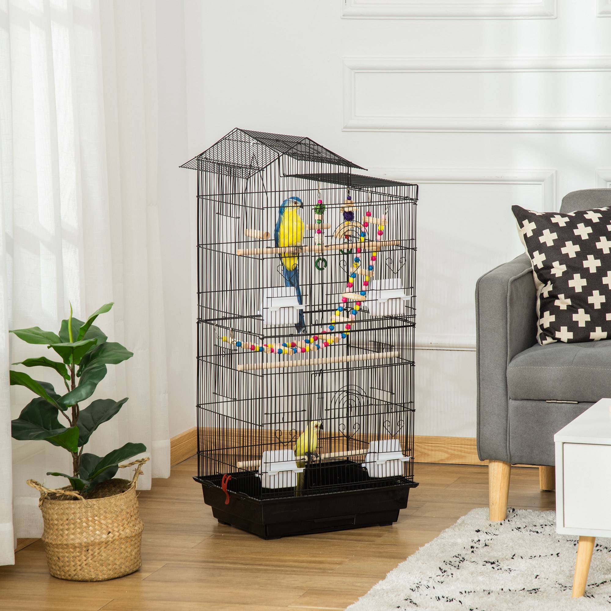 Pawhut - Cage oiseaux volière dim. 46L x 36l x 100H cm - mangeoires, perchoirs, balançoire, portes, trappes, échelle, jouets, plateau déjection - PP acier noir - Imagen 2