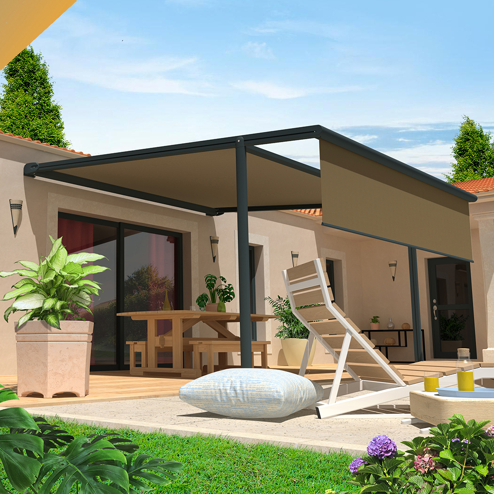 Intersun - Pergola Toile PYRITE 4,00x4,00 M Motorise Secours à Télécommande + Coffre LED + Lambrequin (Gris Anthracite - Taupe) - INTERSUN - Imagen 1