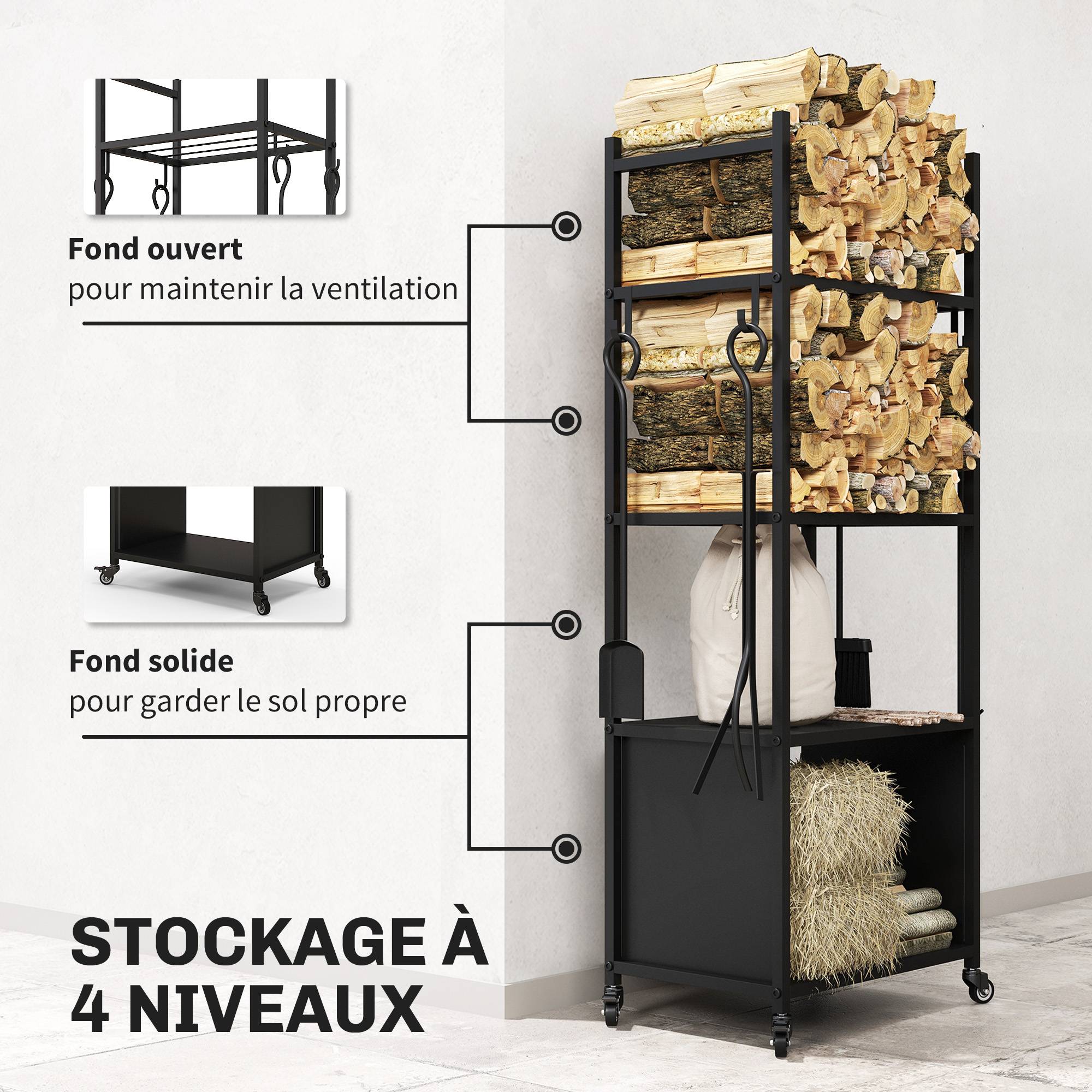 ComfortXL - Chariot porte-bûches en métal noir 45 x 30 x 118 cm à 4 étagères sur roulettes avec 4 outils de cheminée - Image 4