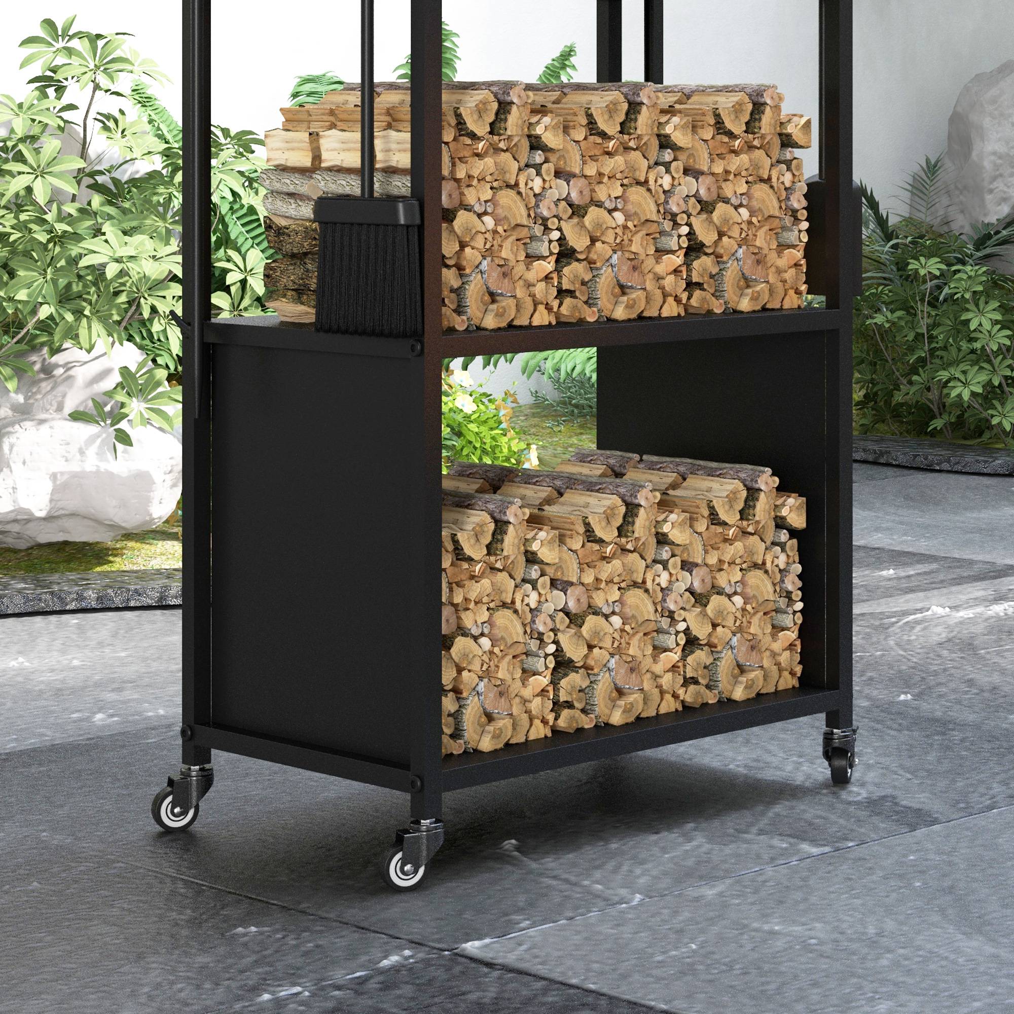 ComfortXL - Chariot porte-bûches en métal noir 45 x 30 x 118 cm à 4 étagères sur roulettes avec 4 outils de cheminée - Image 8