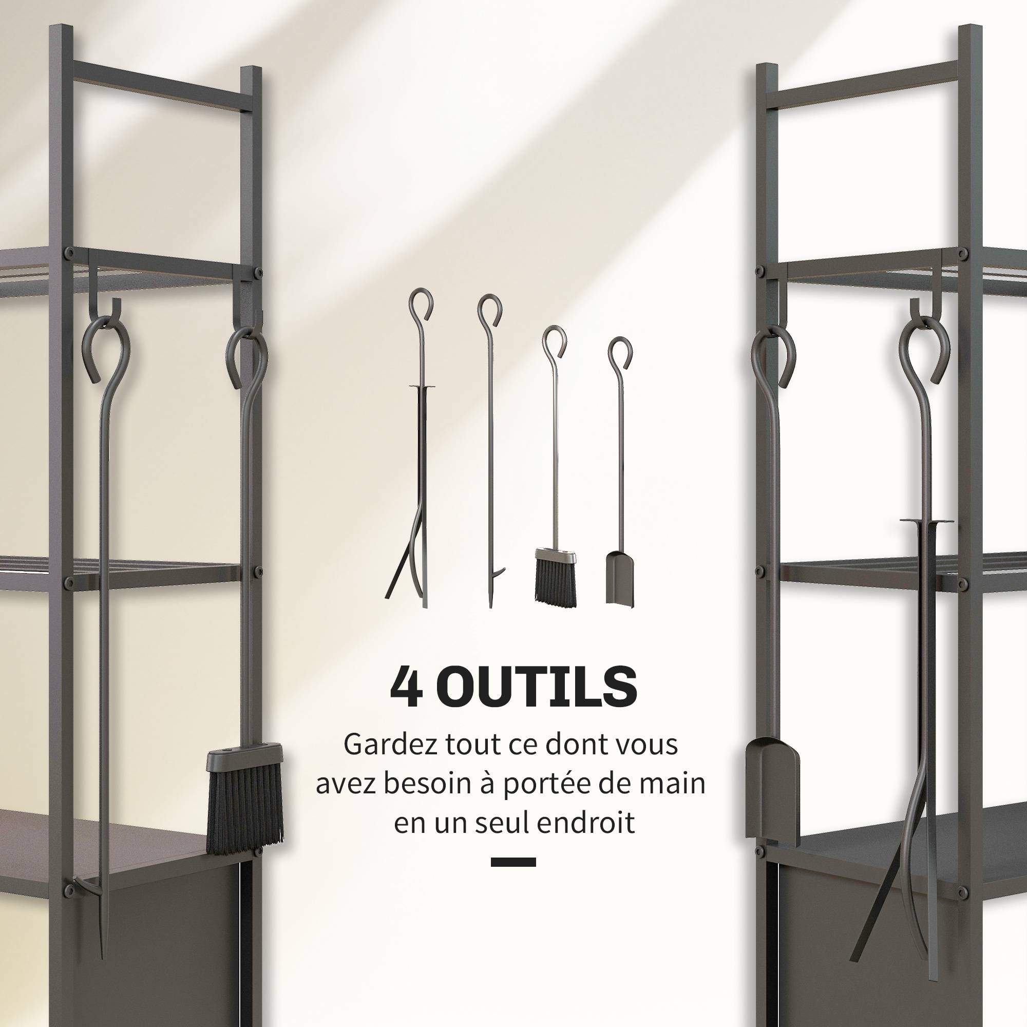 ComfortXL - Chariot porte-bûches en métal noir 45 x 30 x 118 cm à 4 étagères sur roulettes avec 4 outils de cheminée - Image 6