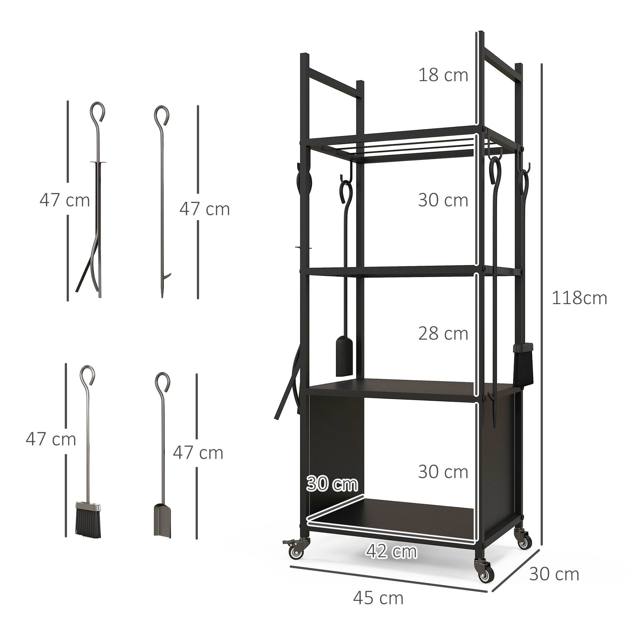 ComfortXL - Chariot porte-bûches en métal noir 45 x 30 x 118 cm à 4 étagères sur roulettes avec 4 outils de cheminée - Image 3