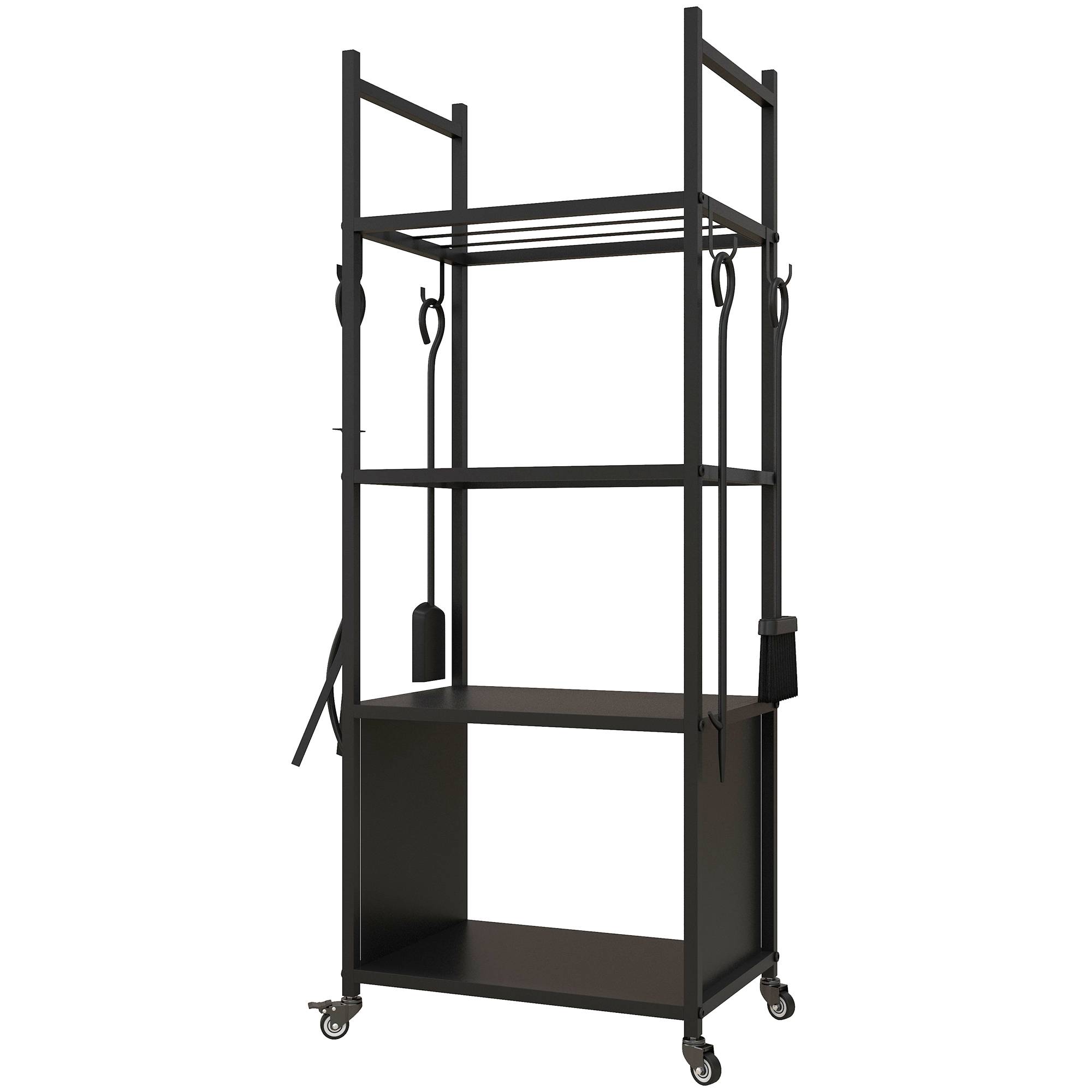 ComfortXL - Chariot porte-bûches en métal noir 45 x 30 x 118 cm à 4 étagères sur roulettes avec 4 outils de cheminée - Image 9