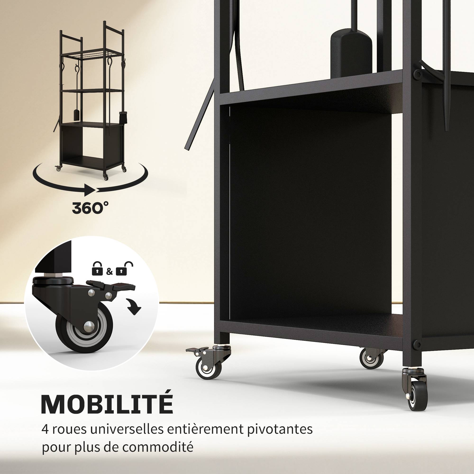 ComfortXL - Chariot porte-bûches en métal noir 45 x 30 x 118 cm à 4 étagères sur roulettes avec 4 outils de cheminée - Image 5