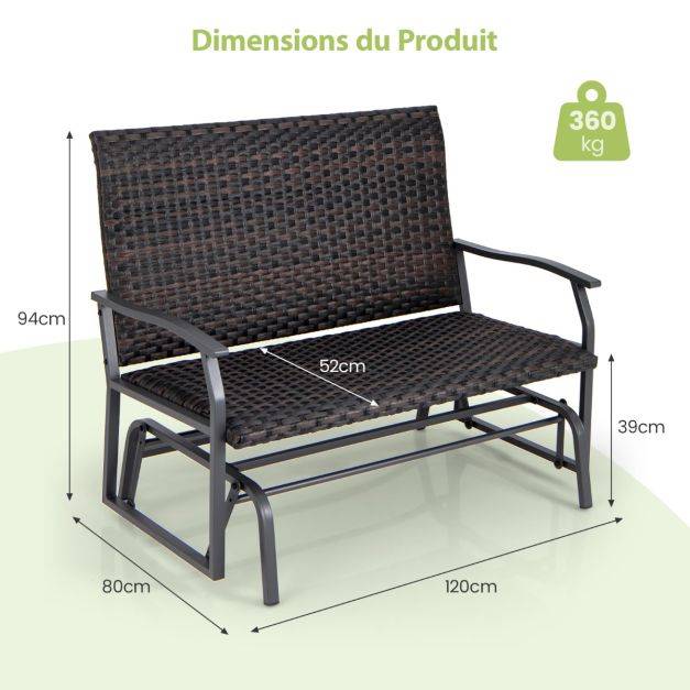 Helloshop26 - Banc coulissant d'extérieur causeuse en rotin tissé pour 2 personnes siège en mousse à séchage rapide bras coulissants en métal marron - Imagen 5
