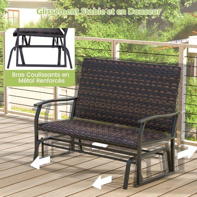 Helloshop26 - Banc coulissant d'extérieur causeuse en rotin tissé pour 2 personnes siège en mousse à séchage rapide bras coulissants en métal marron - Imagen 4