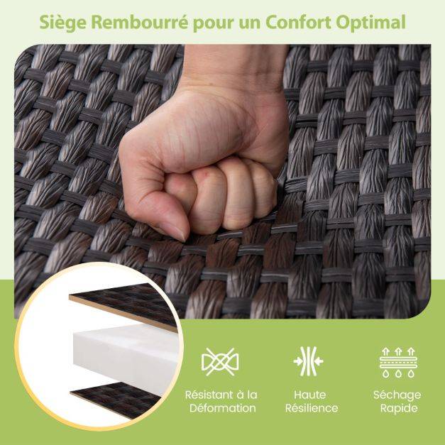 Helloshop26 - Banc coulissant d'extérieur causeuse en rotin tissé pour 2 personnes siège en mousse à séchage rapide bras coulissants en métal marron - Imagen 3
