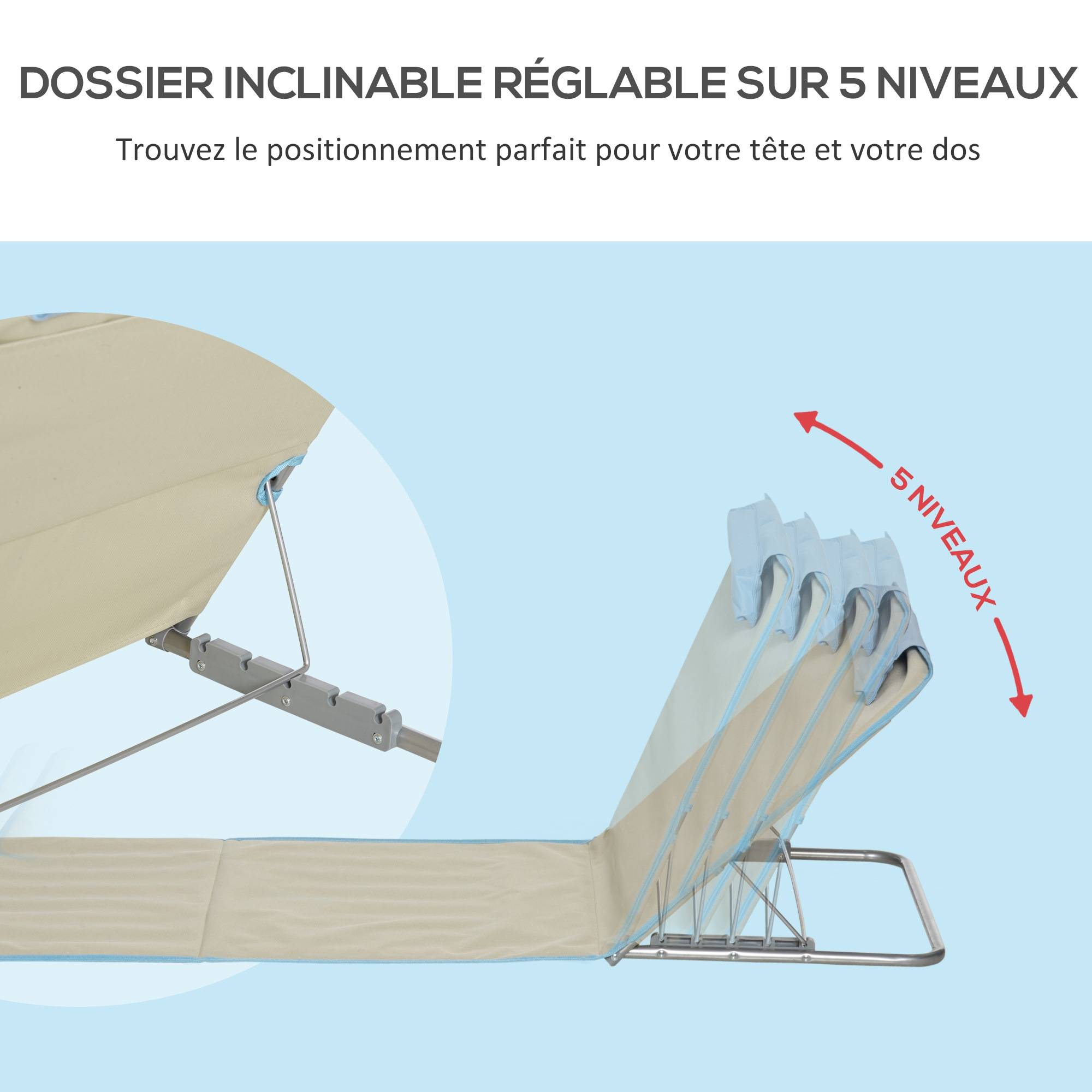 Outsunny - Lot de 2 tapis de plage rembourrés - dossier inclinable 5 positions - sac transport inclus - acier polyester beige - Outsunny - Imagen 4