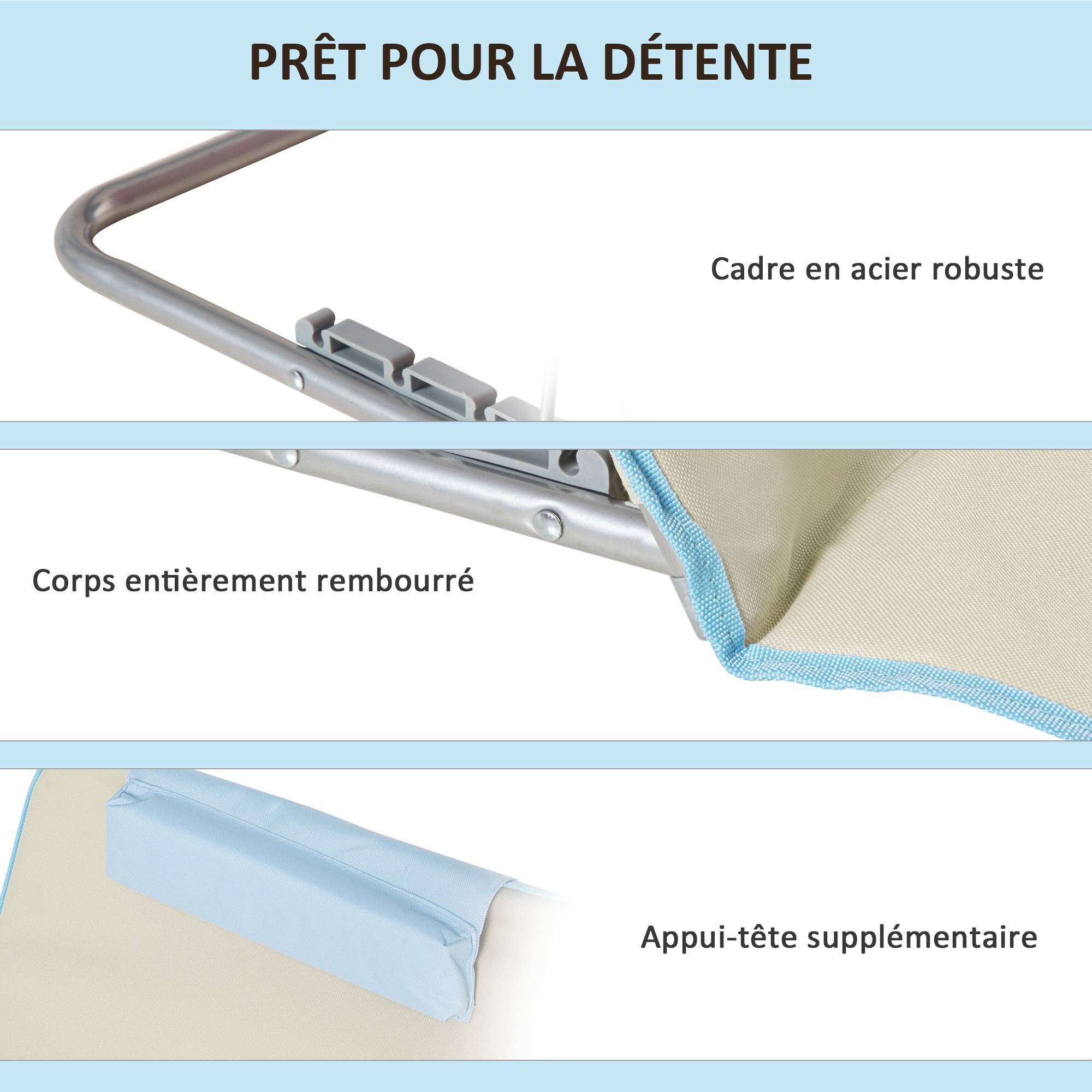 Outsunny - Lot de 2 tapis de plage rembourrés - dossier inclinable 5 positions - sac transport inclus - acier polyester beige - Outsunny - Imagen 6
