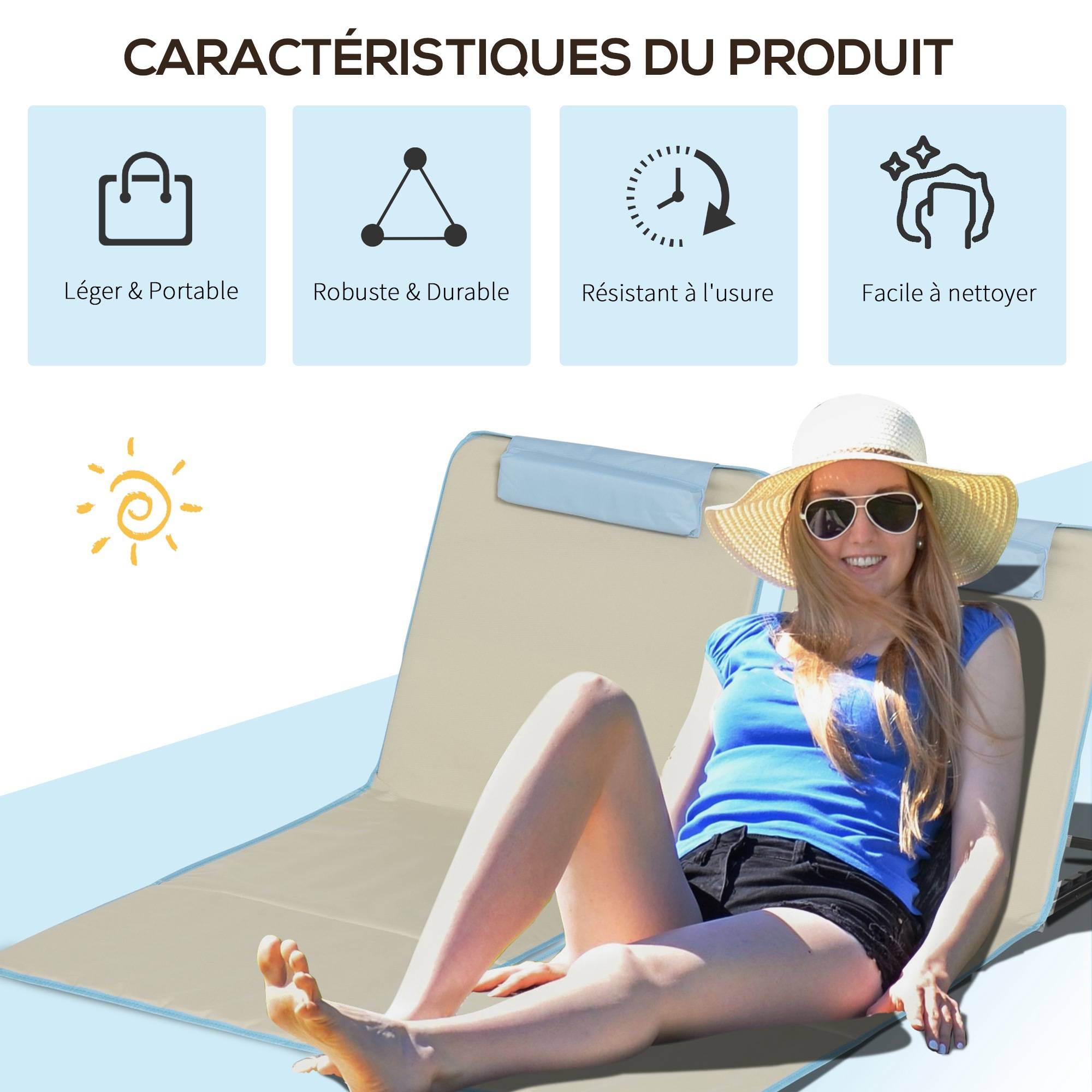 Outsunny - Lot de 2 tapis de plage rembourrés - dossier inclinable 5 positions - sac transport inclus - acier polyester beige - Outsunny - Imagen 7