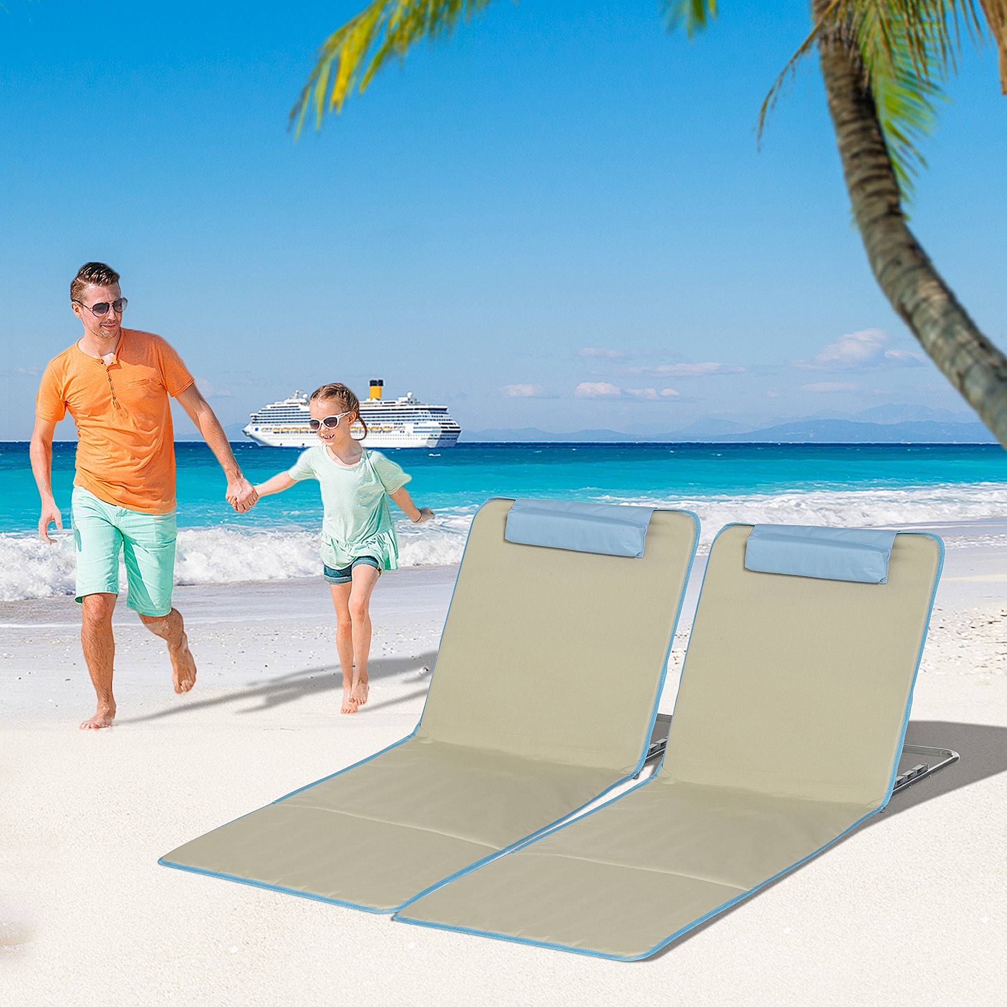Outsunny - Lot de 2 tapis de plage rembourrés - dossier inclinable 5 positions - sac transport inclus - acier polyester beige - Outsunny - Imagen 2