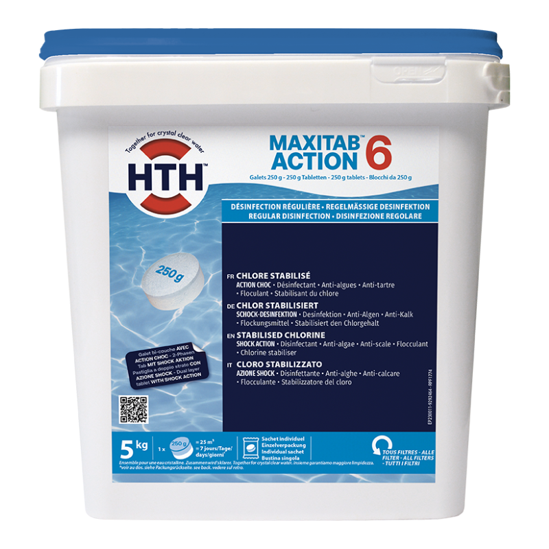 Hth - Chlore multiaction HTH MAXITAB Action 6 - Galets bi-couche 250 g. - 5 kg - Imagen 1
