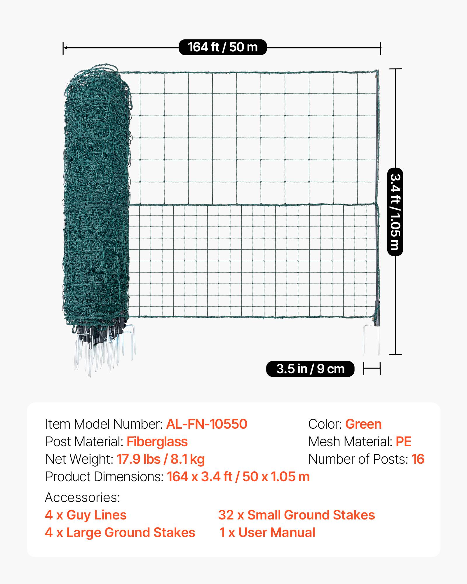 Vevor - VEVOR Clôture filet mobile 50 x 1,05 m, filet PE UV, 16 poteaux fibre de verre, piquets double pointe et haubans, idéal jardin, poules, chiens. - Image 6