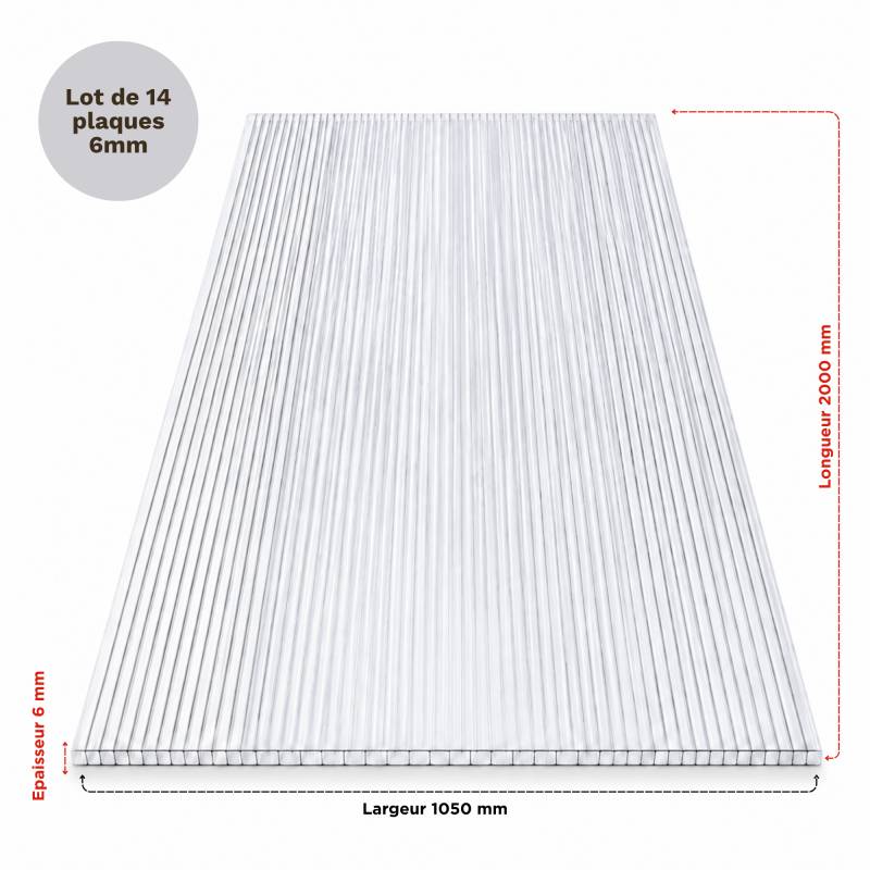 Lot 14 plaques polycarbonate 6 mm - 2000 x 1050 mm alvéolaire translucide - Coloris - Translucide, Largeur - 105 cm, Longueur - 200 cm - Image 2
