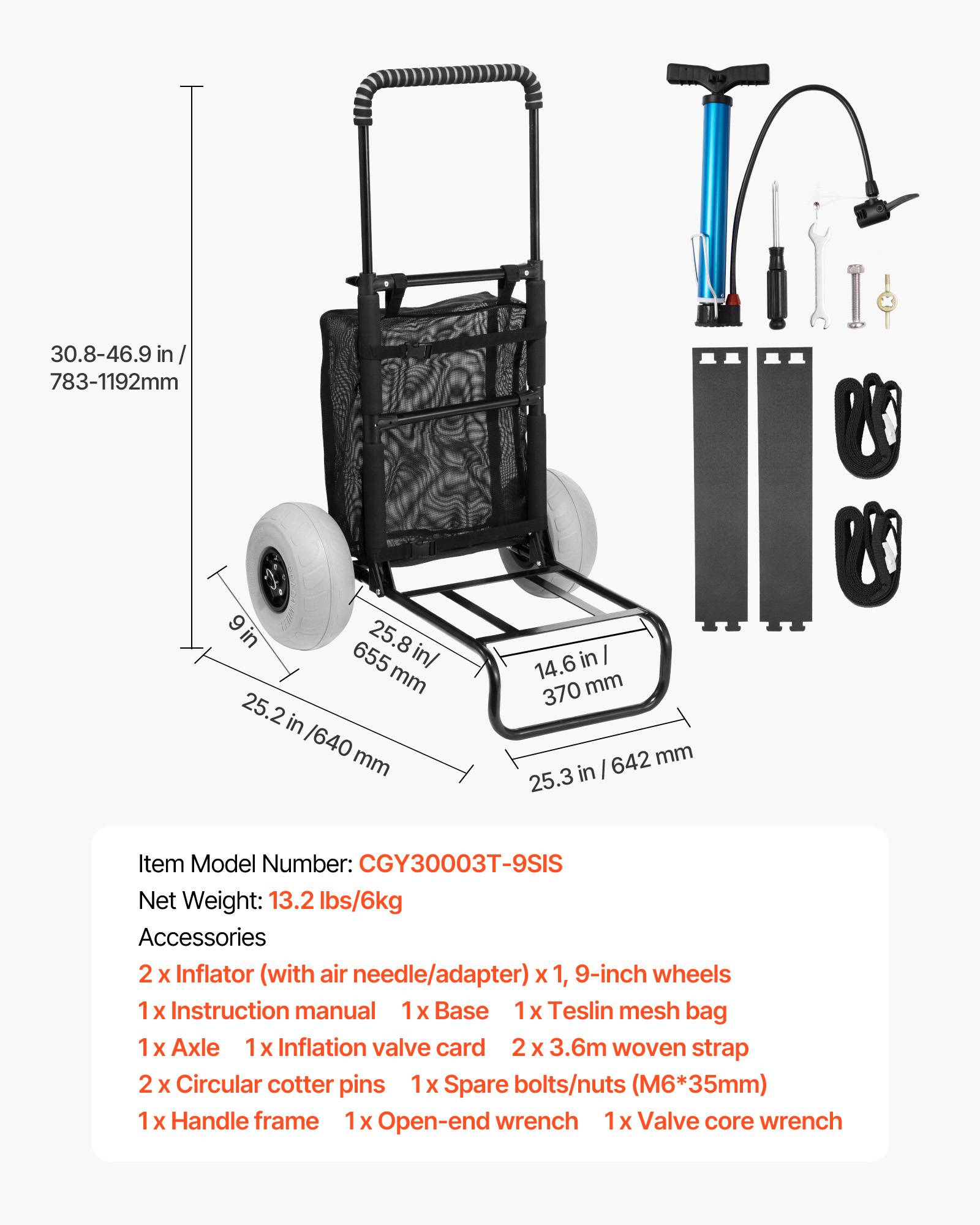 VEVOR Chariot plage grandes roues sable, charge 74,8 kg. Pliable, roues ballon 228,6 mm. - Image 7
