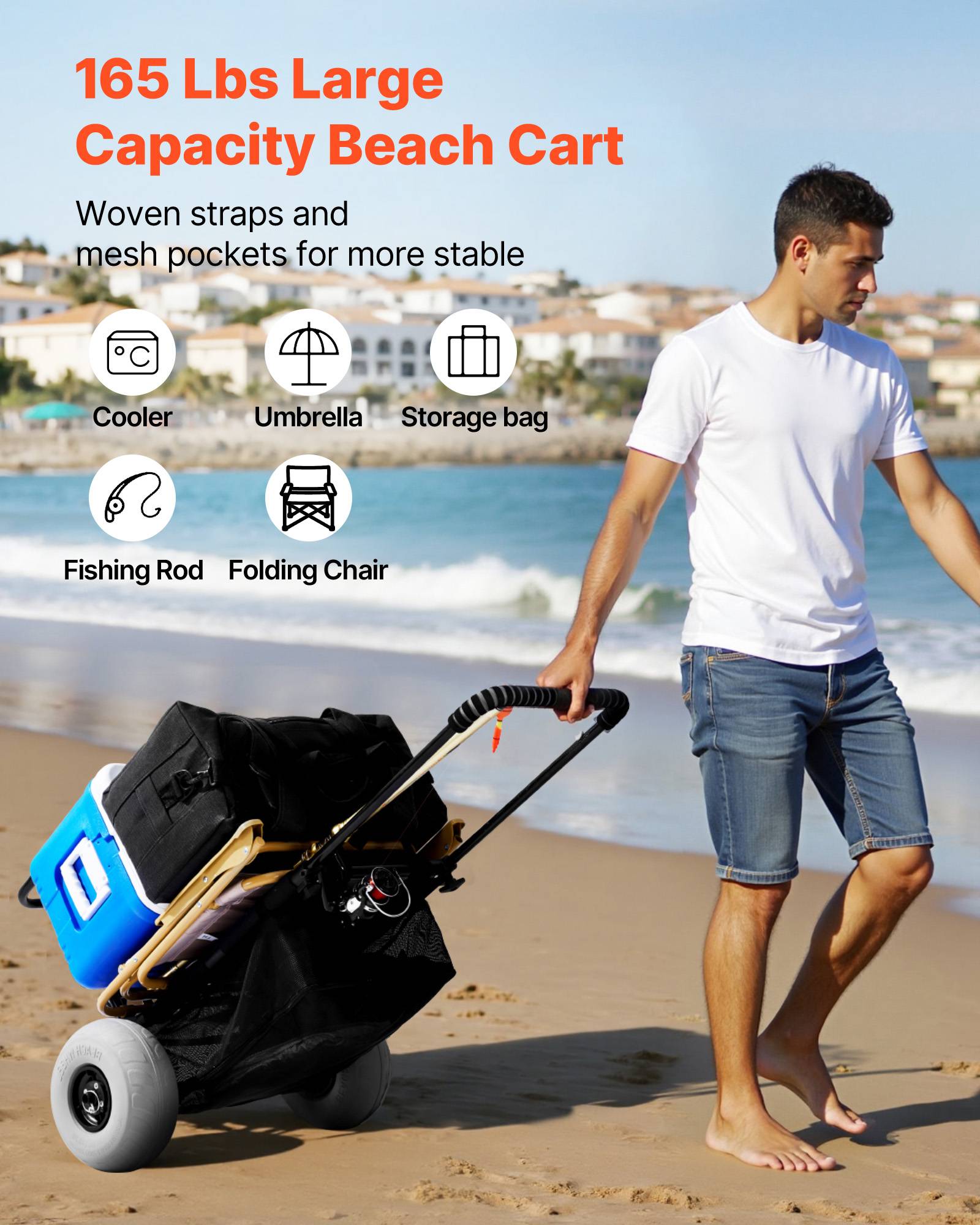 VEVOR Chariot plage grandes roues sable, charge 74,8 kg. Pliable, roues ballon 228,6 mm. - Image 2