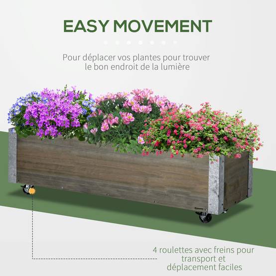 Jardinière sur roulettes - jardinière rectangulaire - Inserts d'irrigation, Feutre de Drainage Inclus - métal Bois massif, gris - Image 9