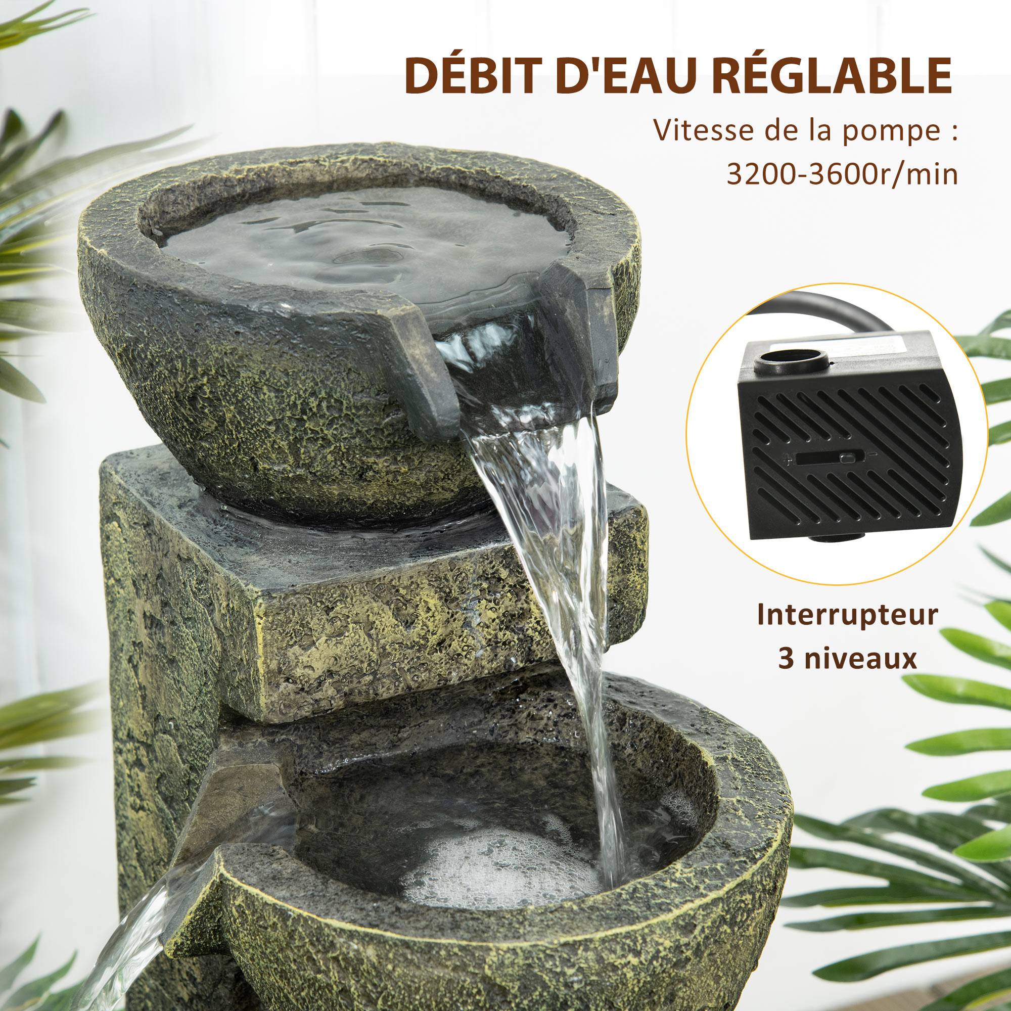 Outsunny - Fontaine de jardin zen 4 vasques 25x24x60cm débit réglable pompe submersible incluse résine noir - Outsunny - Image 5