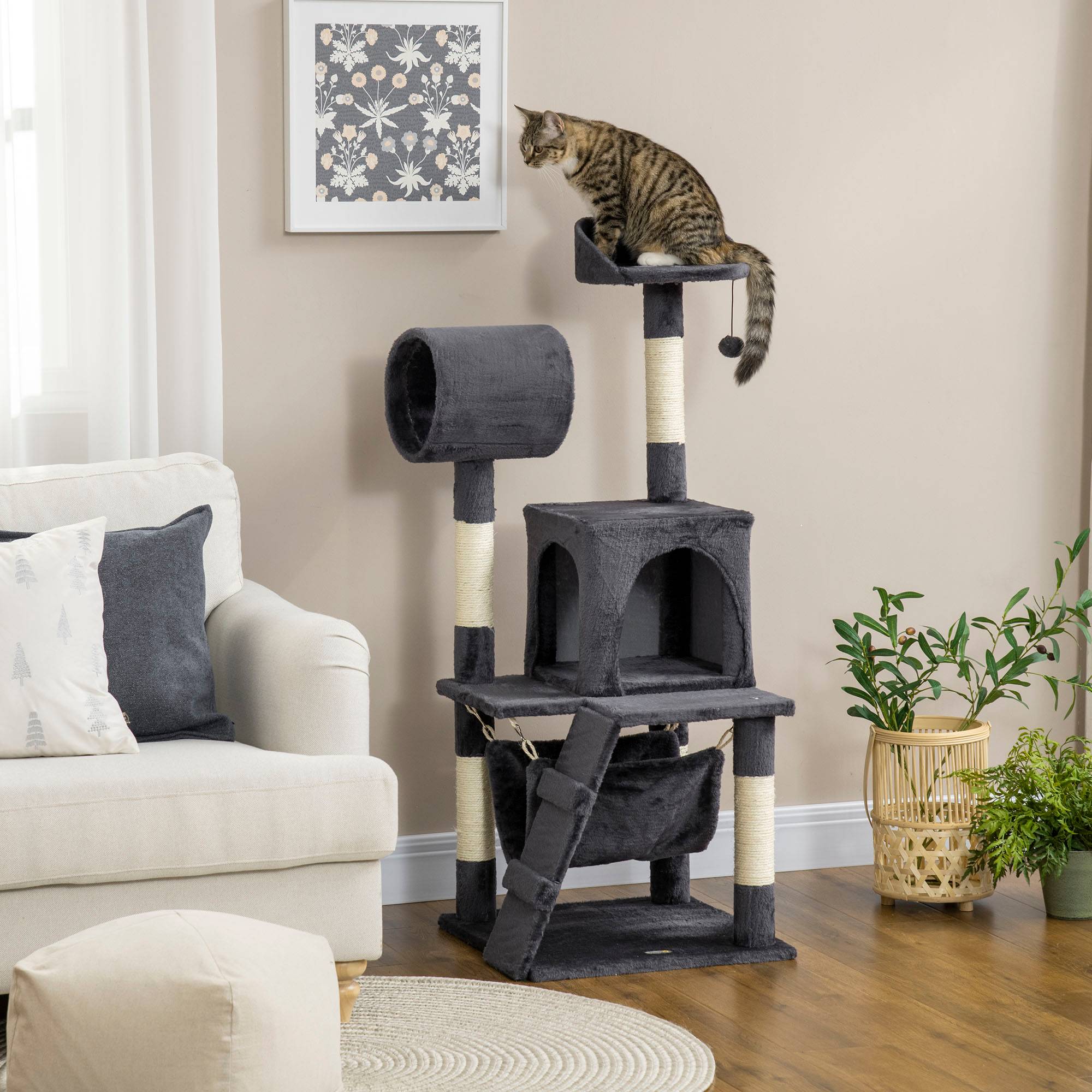 Arbre à chat avec griffoir, niche, hamac, coussin, tunnel et balle, 48 x 48 x 125 cm, gris foncé - Image 3