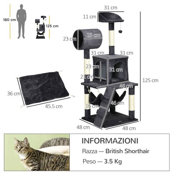 Arbre à chat avec griffoir, niche, hamac, coussin, tunnel et balle, 48 x 48 x 125 cm, gris foncé - Image 5