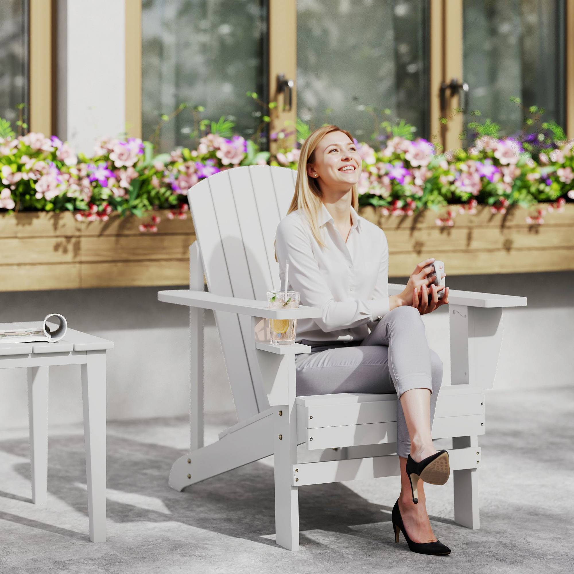 Fauteuil de jardin Adirondack bois balcon terrasse porte-gobelet intégré 97x72.5x93cm blanc - ComfortXL Outdoor Living - Image 4