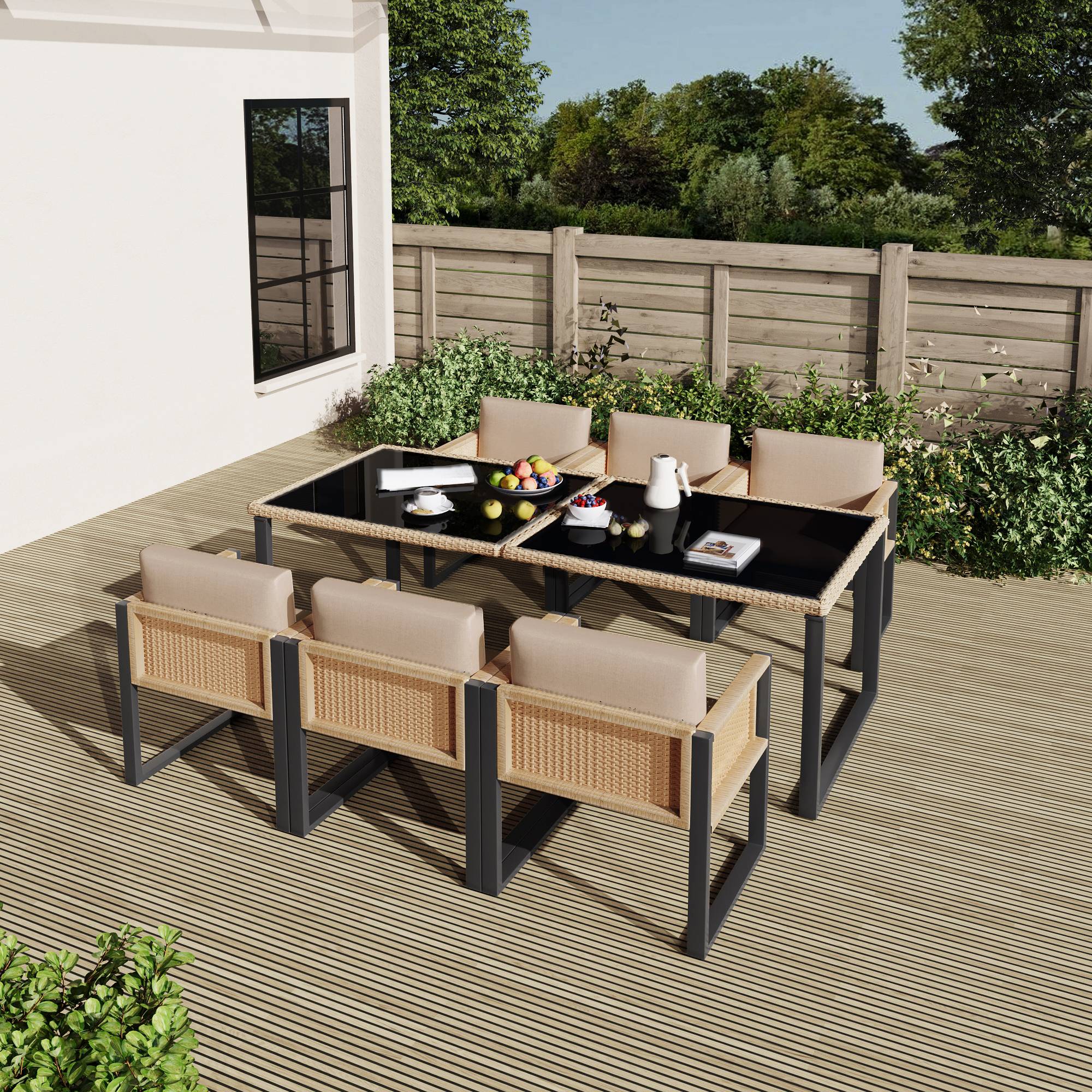 Set de jardin 6 places avec table en verre trempé, Rattan et tissu, Noir et Marron - PANGIVO - Image 2