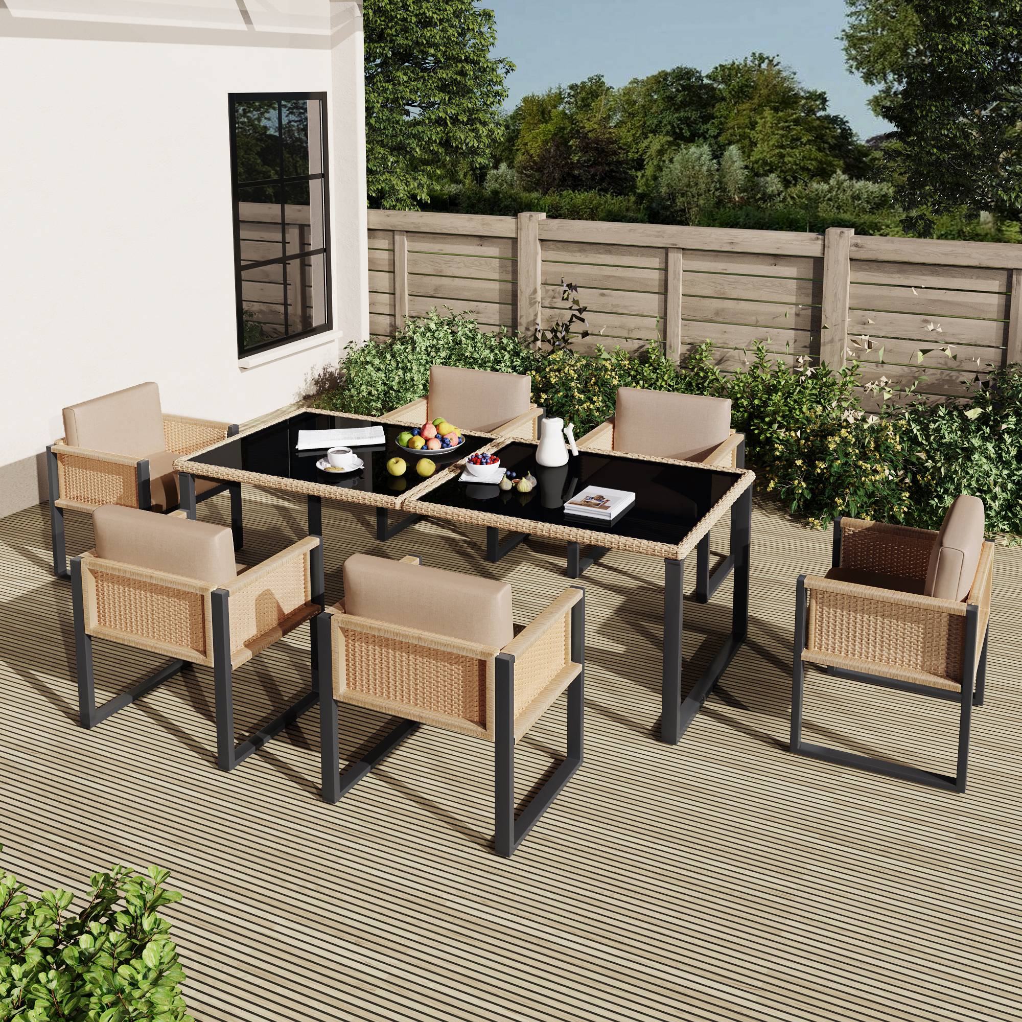 Set de jardin 6 places avec table en verre trempé, Rattan et tissu, Noir et Marron - PANGIVO - Image 4