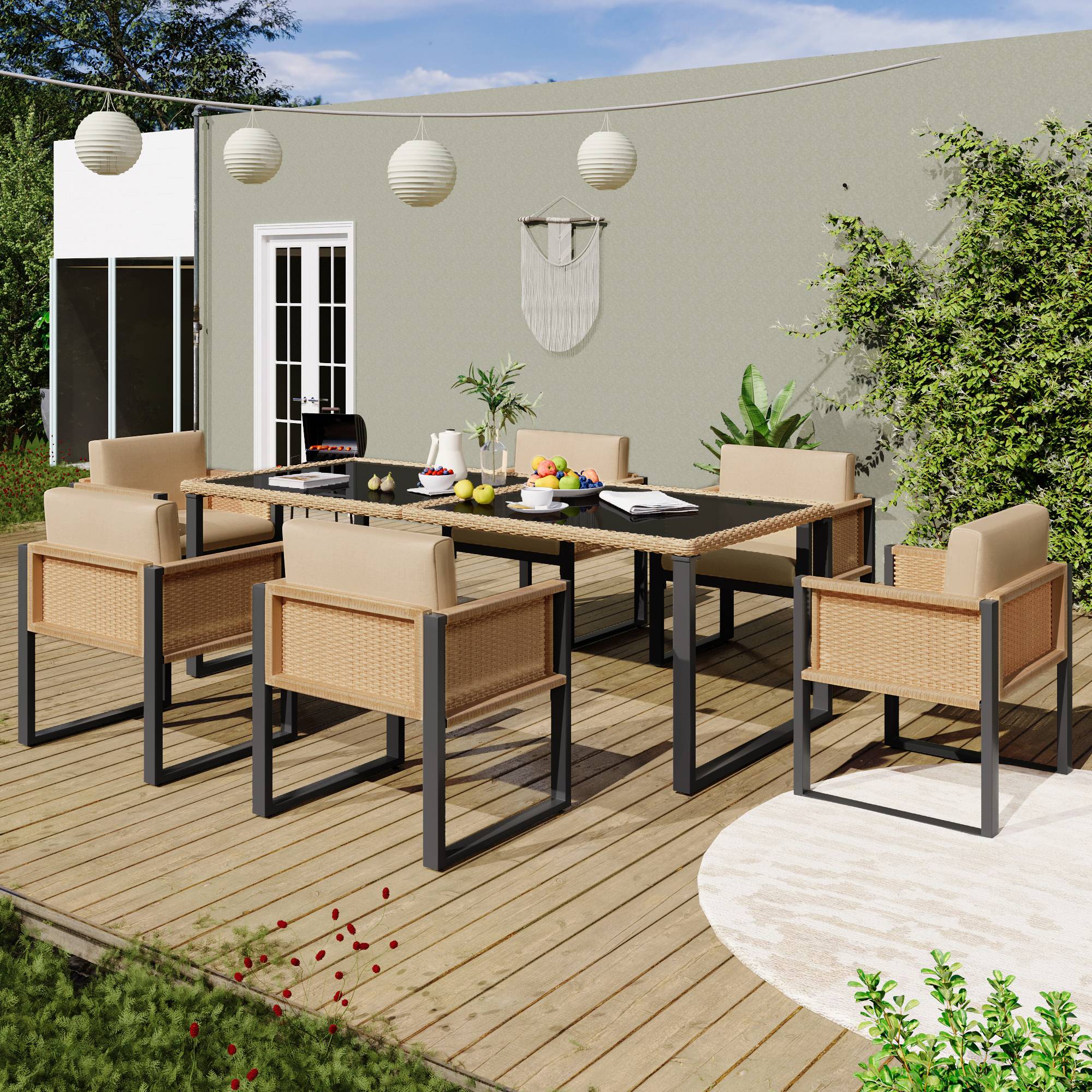 Set de jardin 6 places avec table en verre trempé, Rattan et tissu, Noir et Marron - PANGIVO - Image 6