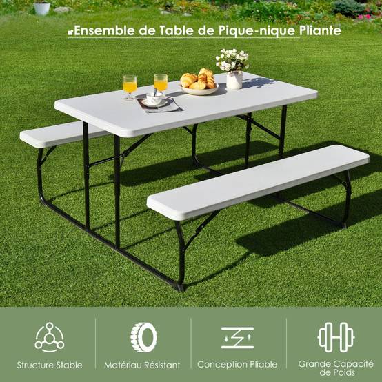 Table de Jardin avec 2 Bancs Pliable Table de Pique-Nique Camping pour 4 à 6 Personnes Blanc - Image 8