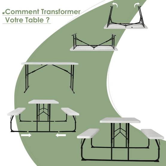 Table de Jardin avec 2 Bancs Pliable Table de Pique-Nique Camping pour 4 à 6 Personnes Blanc - Image 9