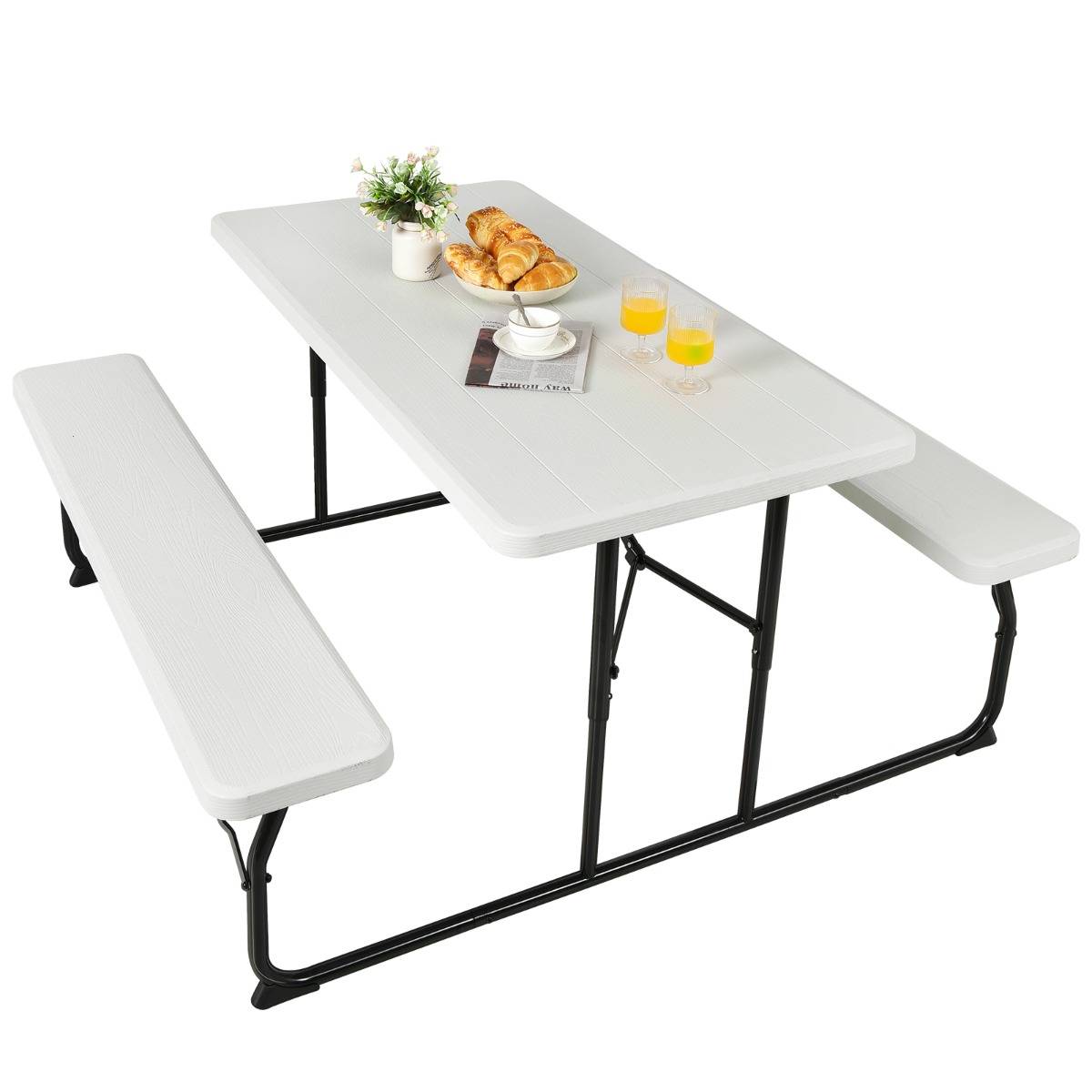 Table de Jardin avec 2 Bancs Pliable Table de Pique-Nique Camping pour 4 à 6 Personnes Blanc - Image 6