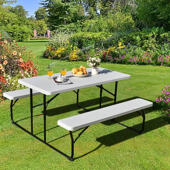Table de Jardin avec 2 Bancs Pliable Table de Pique-Nique Camping pour 4 à 6 Personnes Blanc - Image 4