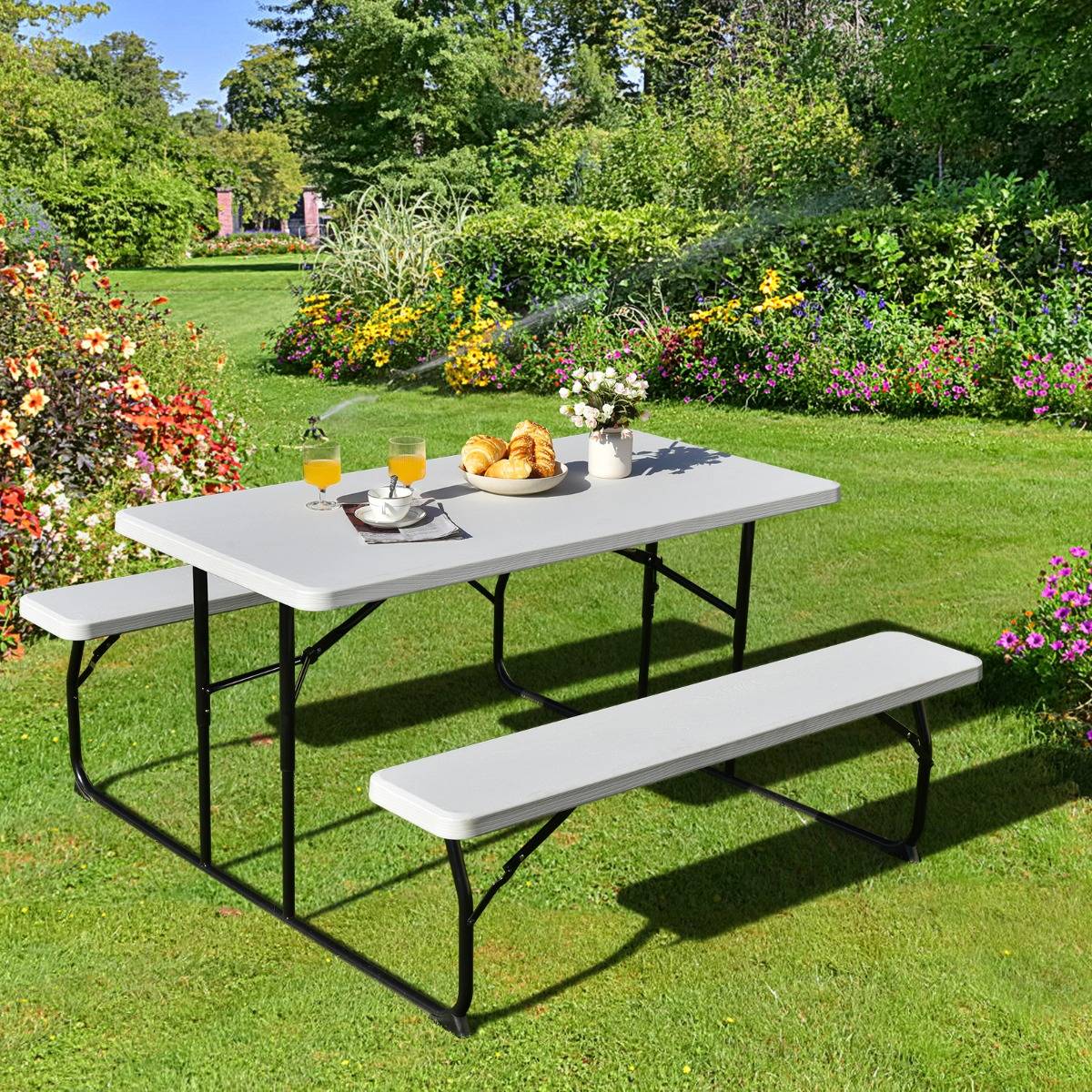 Table de Jardin avec 2 Bancs Pliable Table de Pique-Nique Camping pour 4 à 6 Personnes Blanc - Image 4