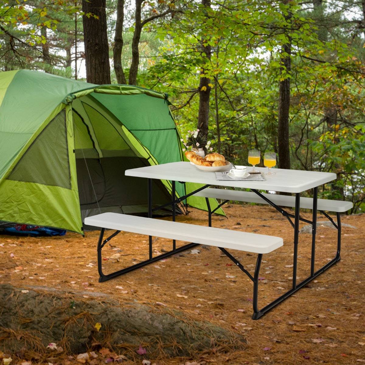 Table de Jardin avec 2 Bancs Pliable Table de Pique-Nique Camping pour 4 à 6 Personnes Blanc - Image 2