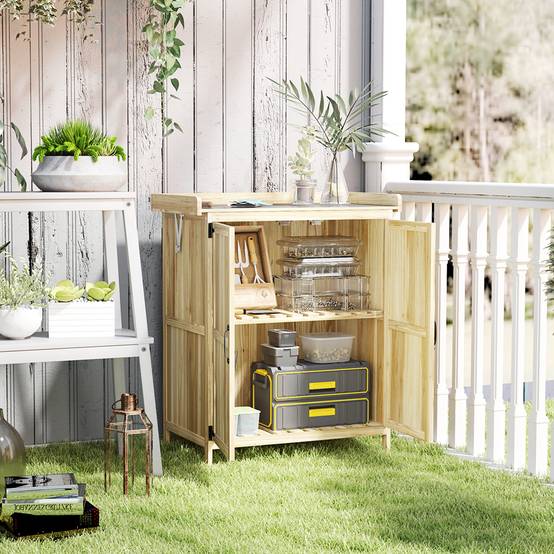 Armoire outils extérieure, plan de travail, bois et inox, double porte, bois naturel - Image 3