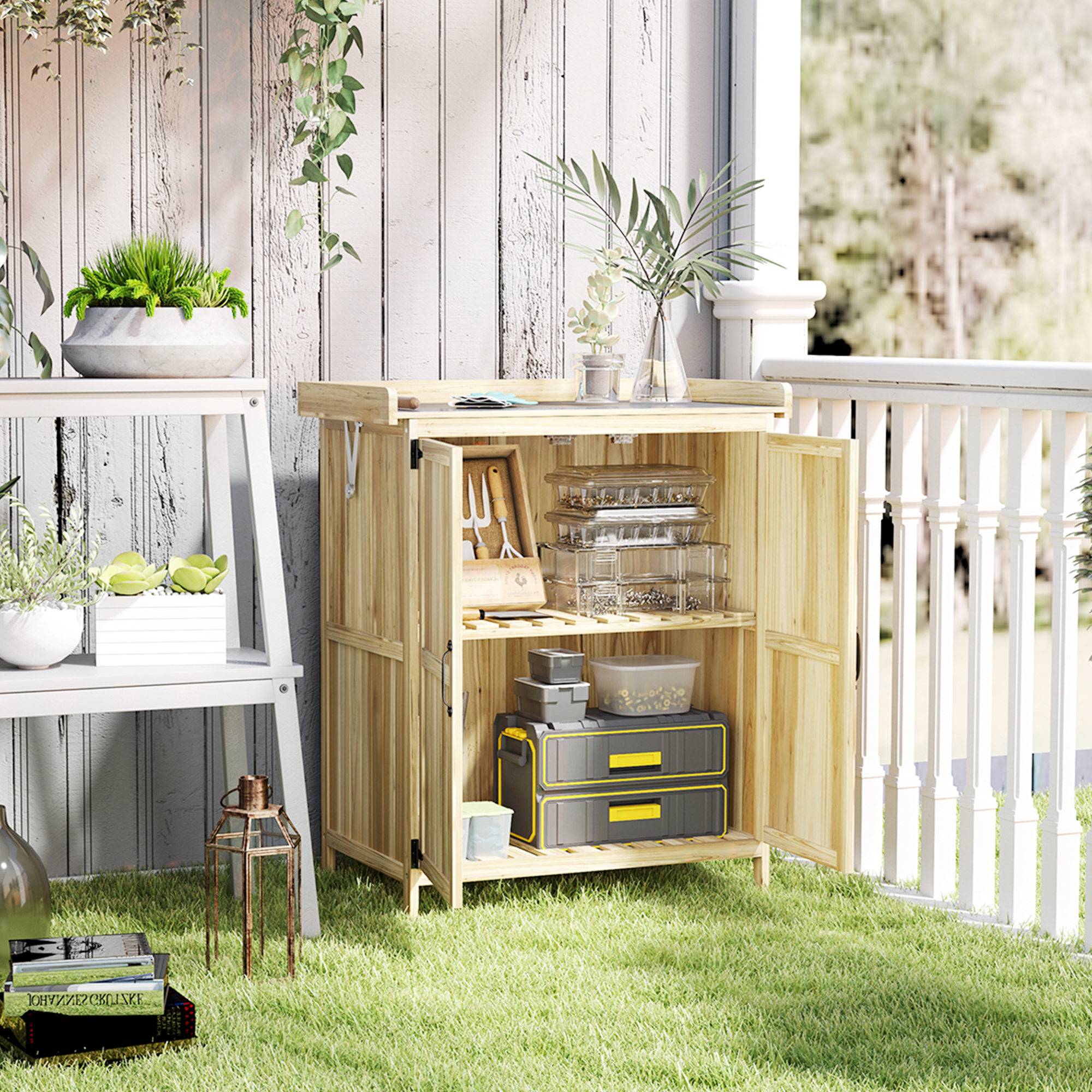 Armoire outils extérieure, plan de travail, bois et inox, double porte, bois naturel - Image 3