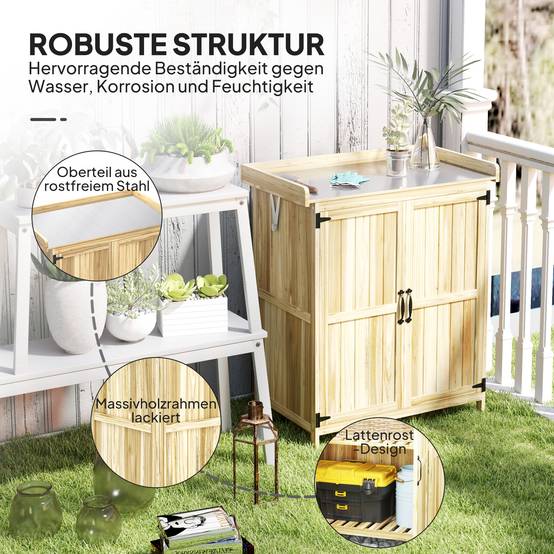 Armoire outils extérieure, plan de travail, bois et inox, double porte, bois naturel - Image 9