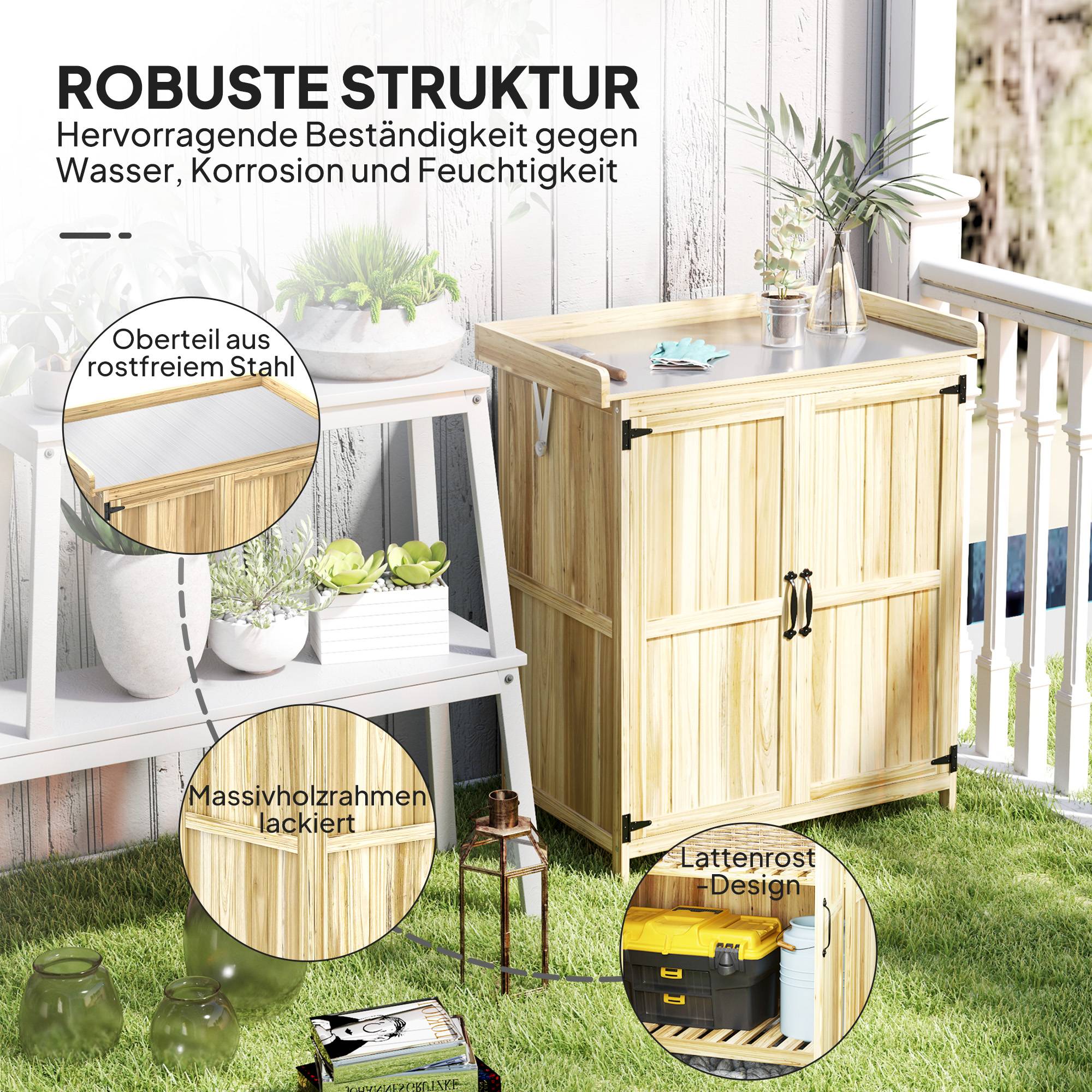 Armoire outils extérieure, plan de travail, bois et inox, double porte, bois naturel - Image 9
