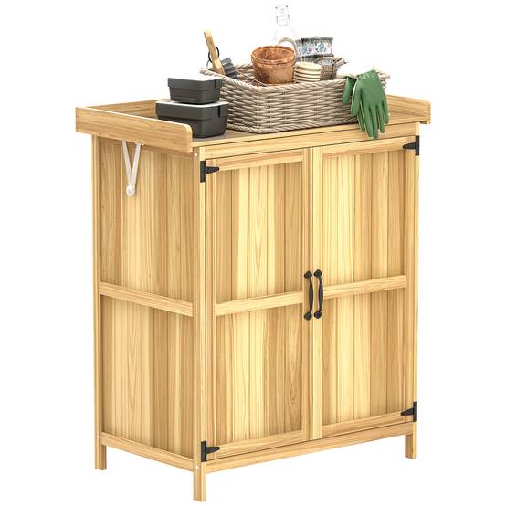 Armoire outils extérieure, plan de travail, bois et inox, double porte, bois naturel - Image 1