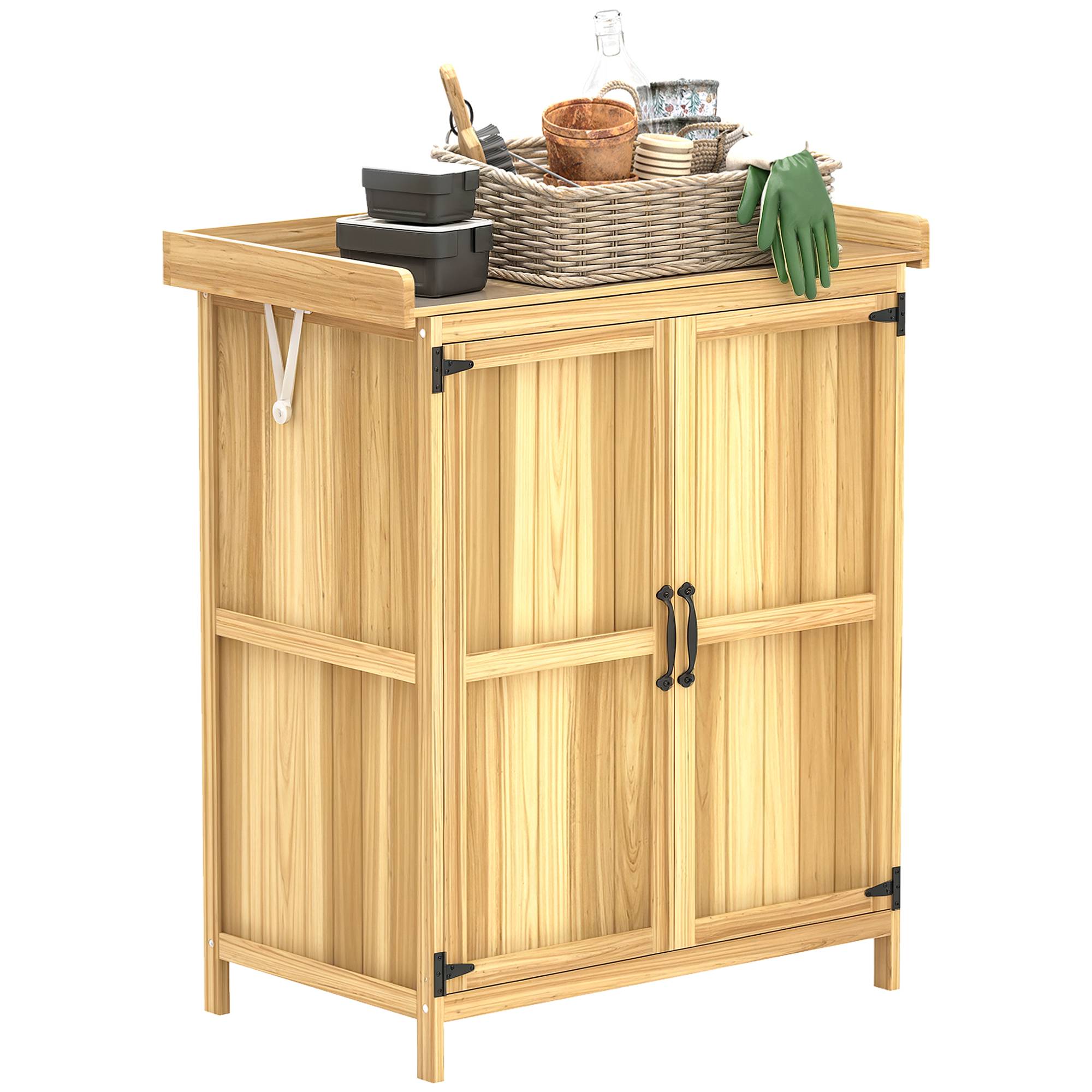 Armoire outils extérieure, plan de travail, bois et inox, double porte, bois naturel - Image 1