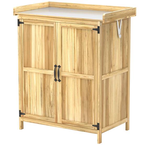 Armoire outils extérieure, plan de travail, bois et inox, double porte, bois naturel - Image 2