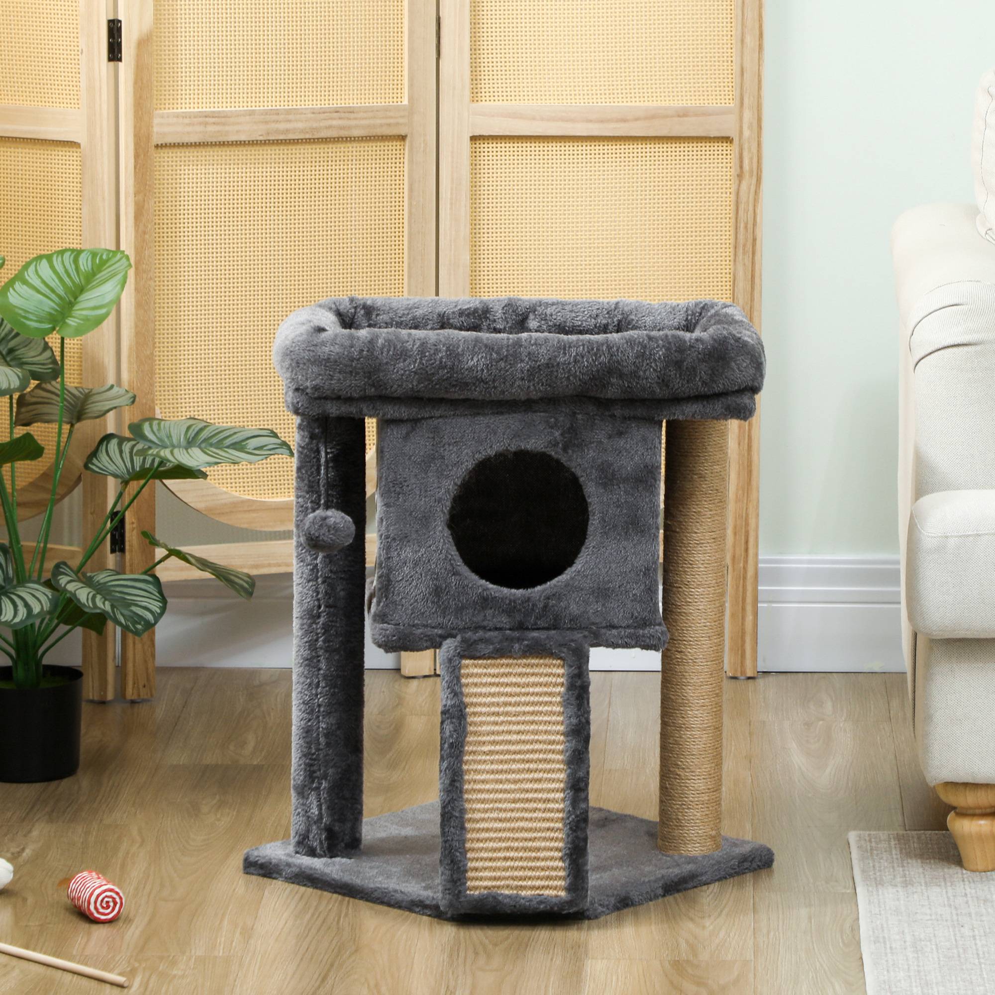 Arbre à chat pour petits chats 57 cm avec rampe à griffer, niche et balle suspendue 40 x 40 x 57 cm Gris foncé - Image 9