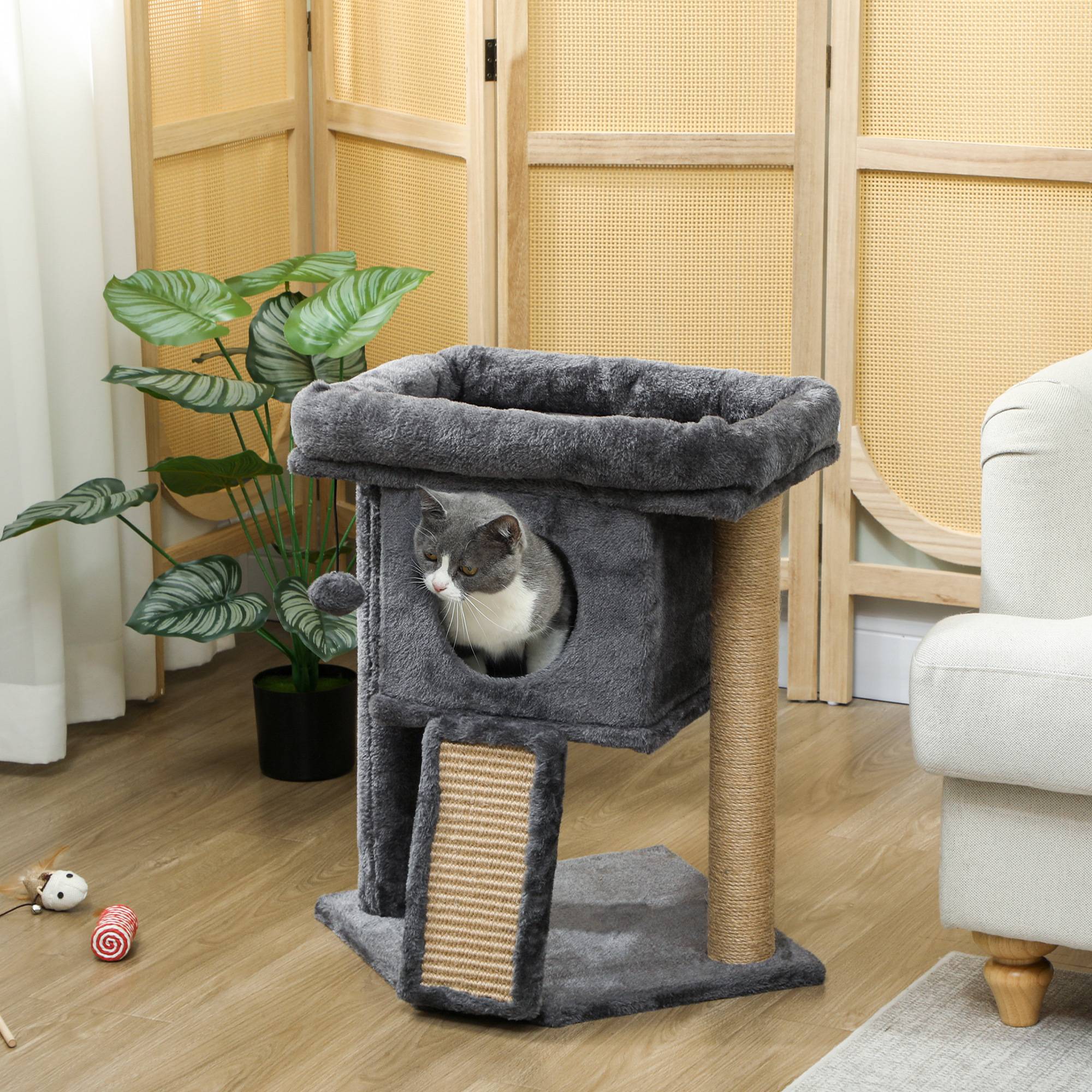 Arbre à chat pour petits chats 57 cm avec rampe à griffer, niche et balle suspendue 40 x 40 x 57 cm Gris foncé - Image 4