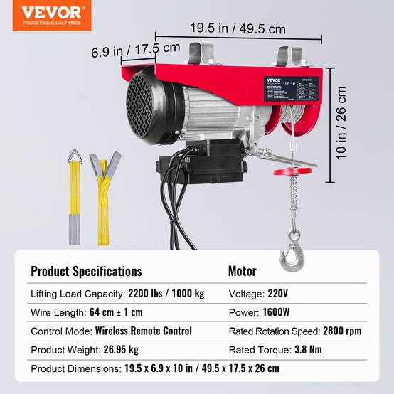 VEVOR Treuil électrique 1000kg, 1600W, télécommande sans fil, vitesse 10m/min, câble 12m. - Image 7