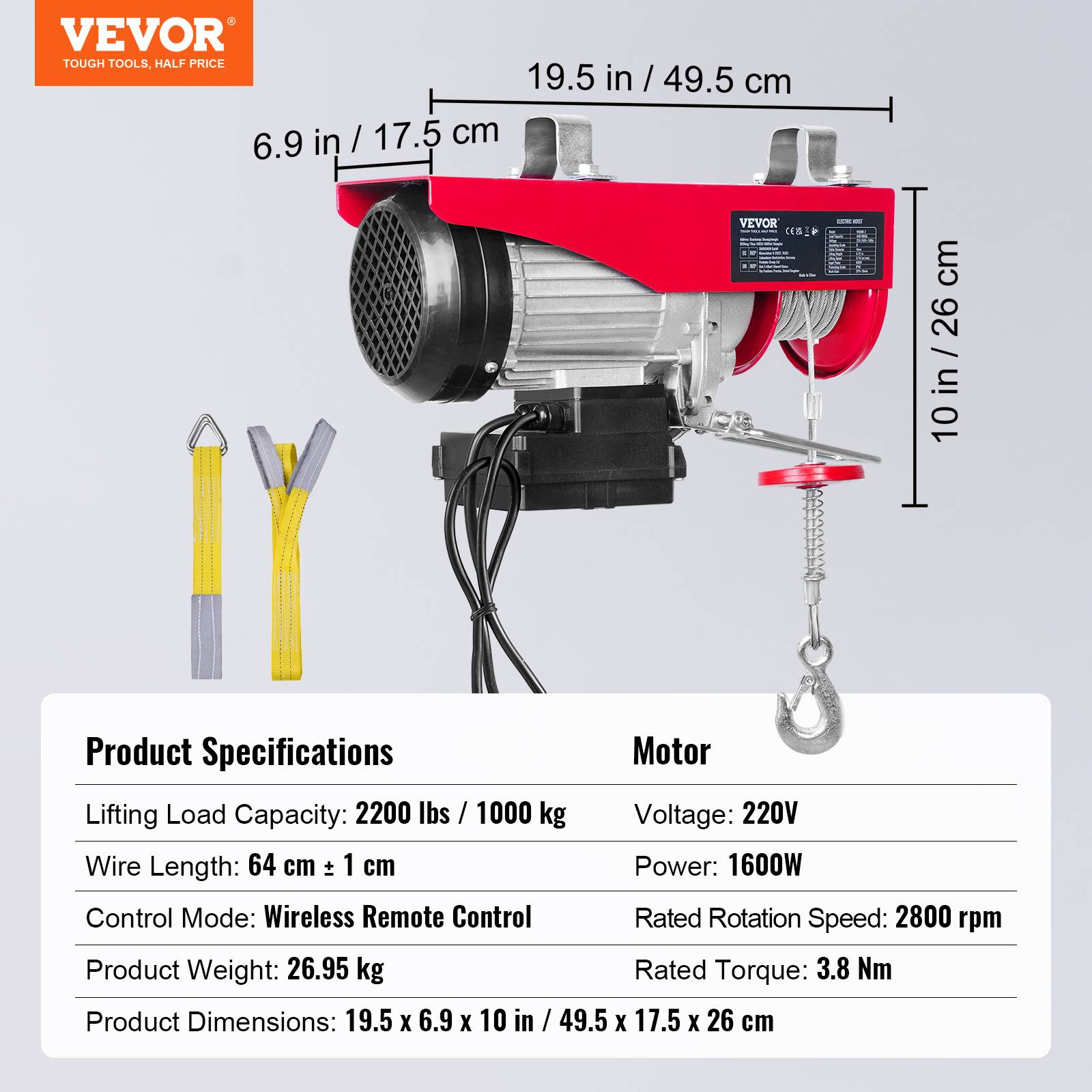 VEVOR Treuil électrique 1000kg, 1600W, télécommande sans fil, vitesse 10m/min, câble 12m. - Image 7